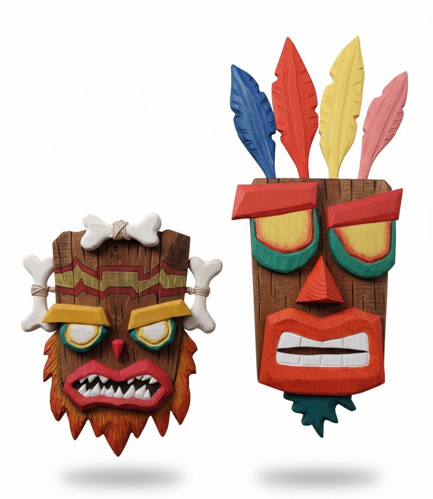 A Set Of Two Crash Bandicoot Aku Aku & Uka Uka Masks | Man Cave & Gamer Gift A Set Of Two Crash Bandicoot Aku Aku & Uka Uka Masks | Man Cave & Gamer Gift