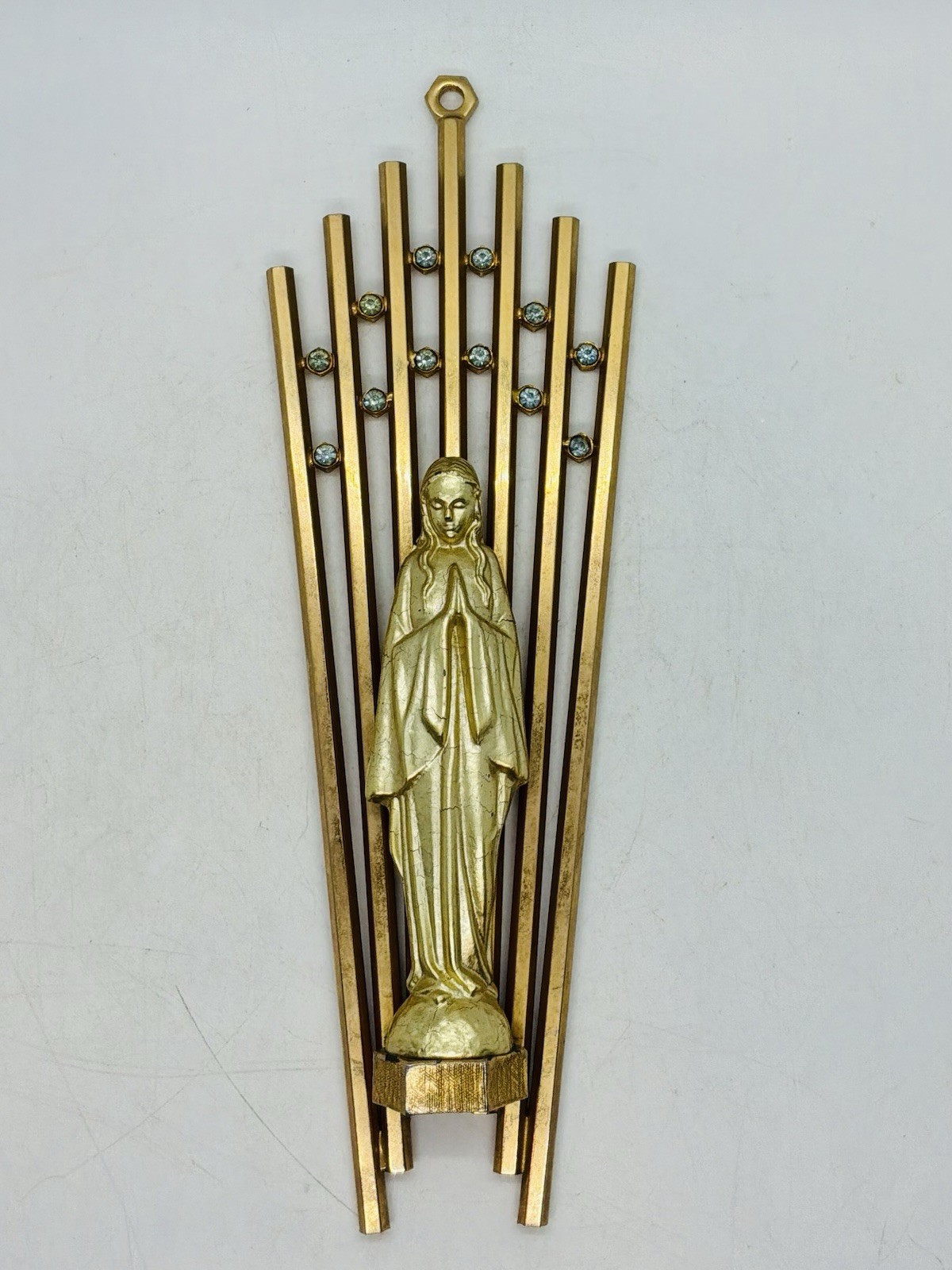 Brass Madonna Wall Plaque Shrine Sunburst Rhinestone Vintage Mid-Century Modern Brass Madonna Wall Plaque Shrine Sunburst Rhinestone Vintage Mid-Century Modern