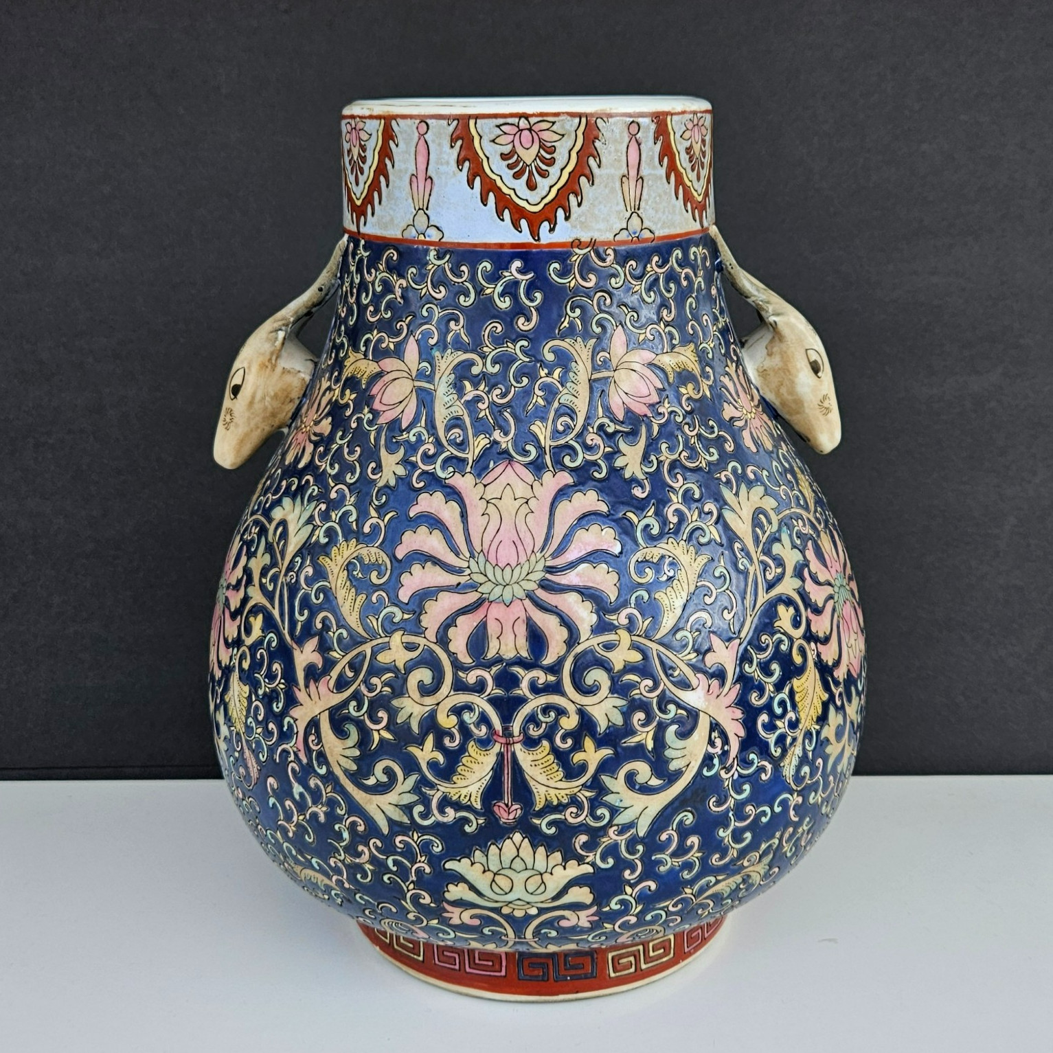 Vintage Chinese Polychrome Porcelain Vase Blue Floral Dragon Head Handles 111 Vintage Chinese Polychrome Porcelain Vase Blue Floral Dragon Head Handles 111