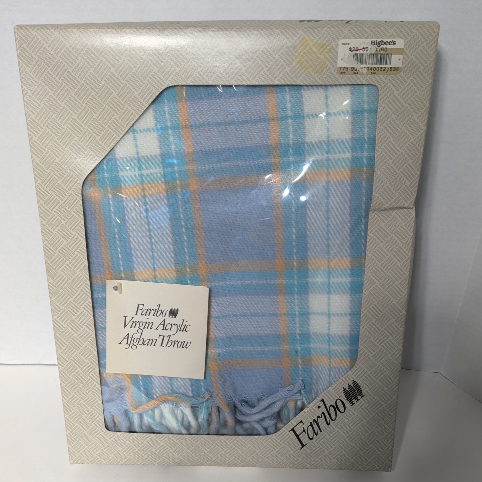 New Vintage FARIBO Blue Plaid Virgin Acrylic Fringe Afghan Throw Blanket 50 x 60