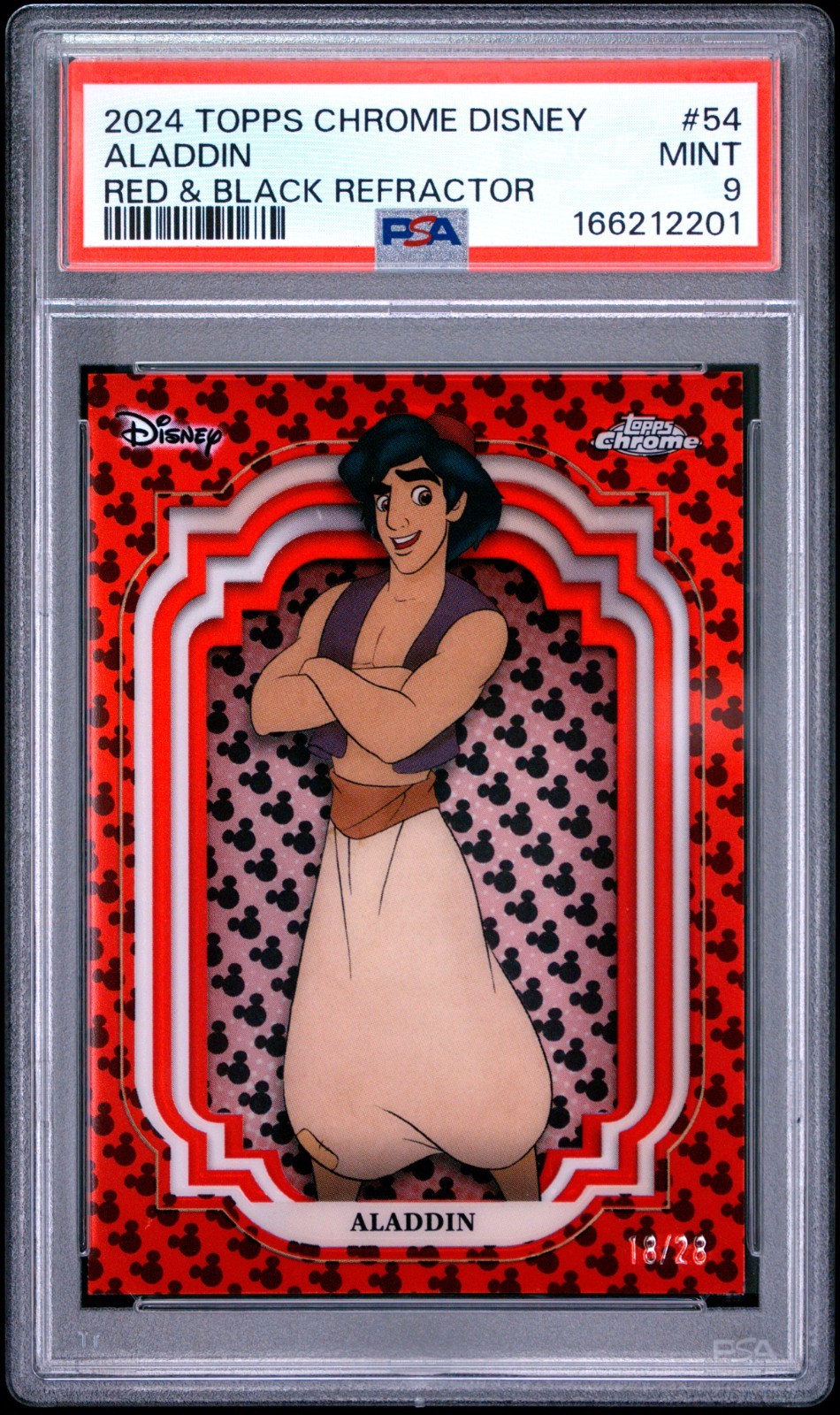 2024 Topps Chrome Disney Aladdin Red & Black Refractor /28 #54 PSA 9 2024 Topps Chrome Disney Aladdin Red & Black Refractor /28 #54 PSA 9