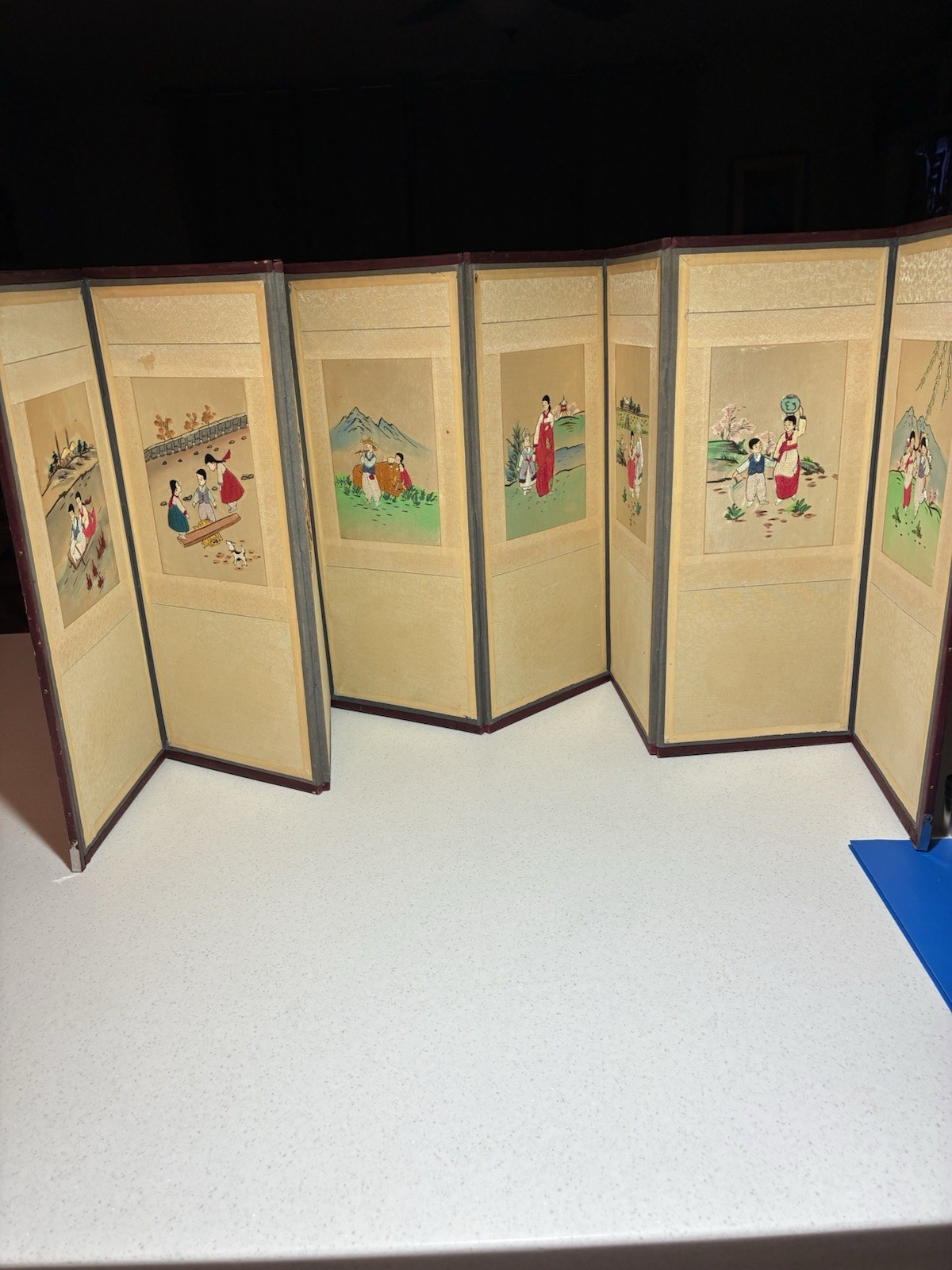 Vintage Korean Eight Panel Silk Embroidered Table To Screen