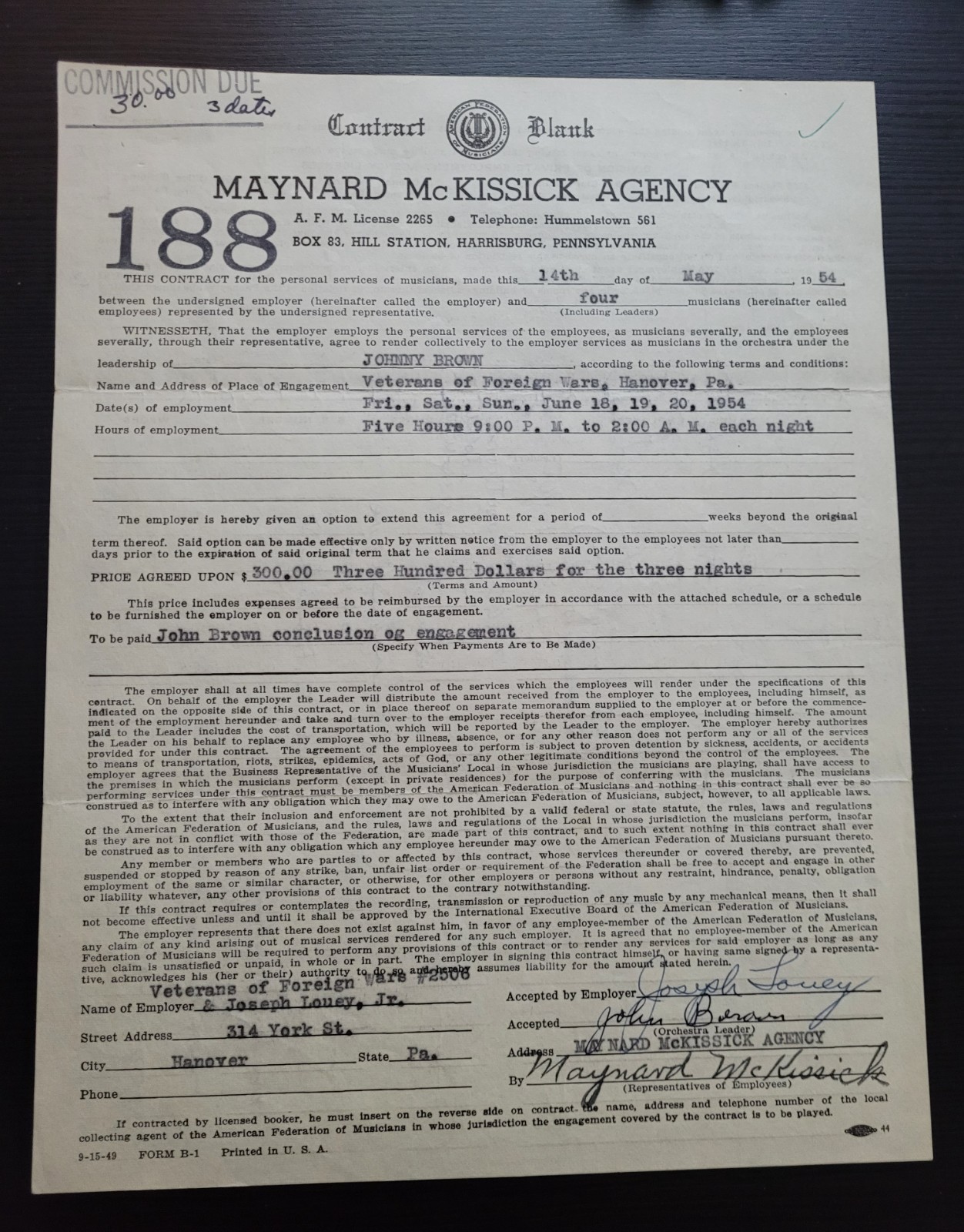 Vintage 1954 AFM Music Contract VFW Hanover PA Johnny Brown Maynard McKissick Ag Vintage 1954 AFM Music Contract VFW Hanover PA Johnny Brown Maynard McKissick Ag