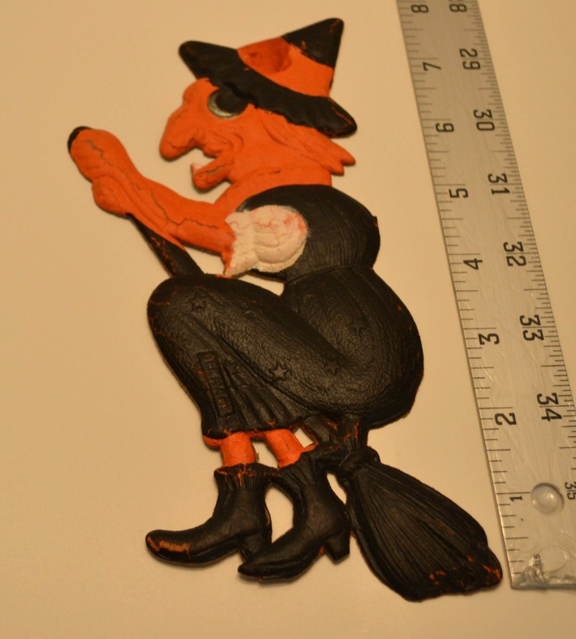 Vintage Antique 1920's Embossed Die Cut WITCH W/ Broom Germany Left Facing Vintage Antique 1920's Embossed Die Cut WITCH W/ Broom Germany Left Facing