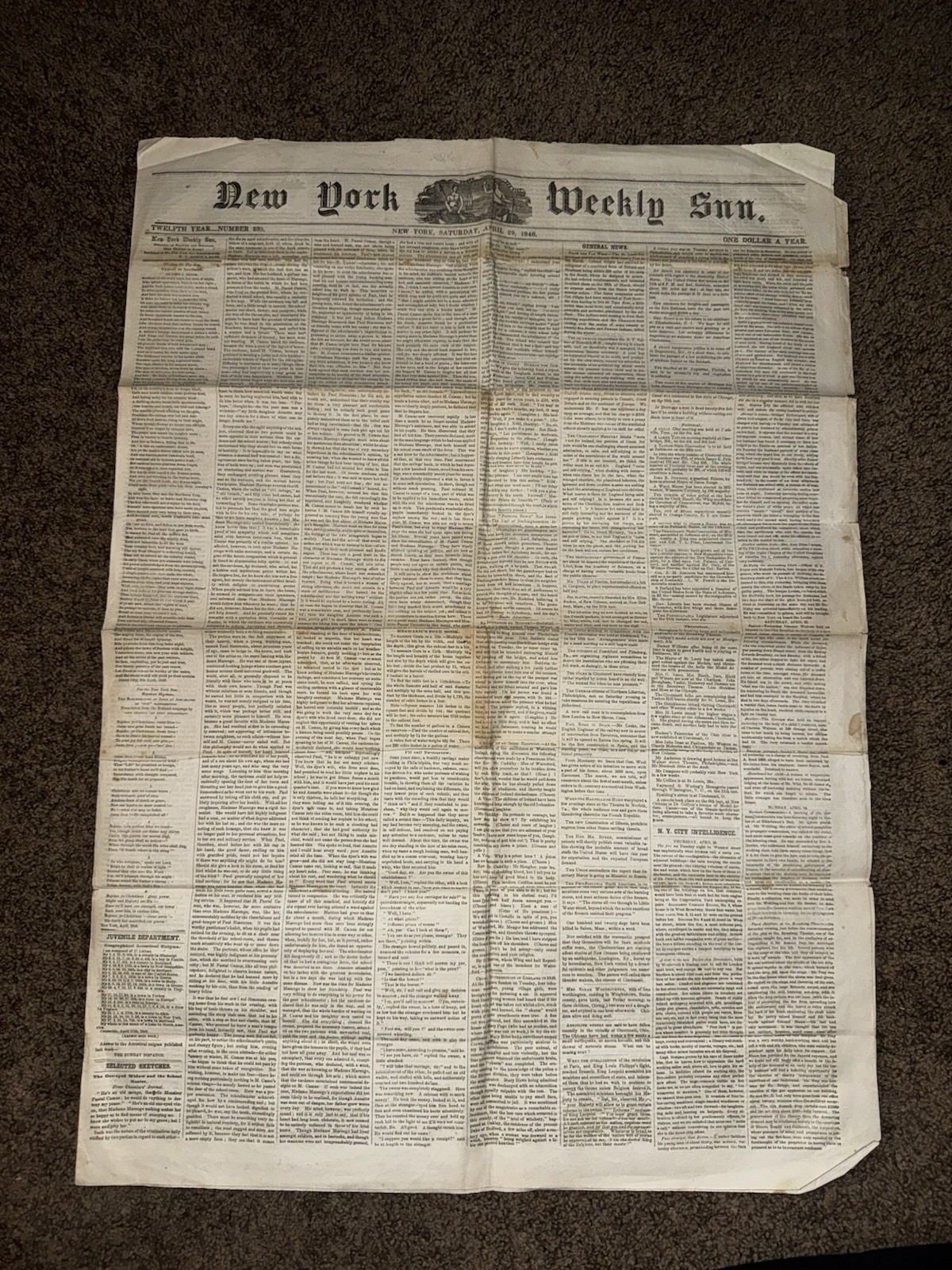 1848 New York Weekly Sun Newspaper Original Pre Civil War Antique Ephemera 4/29 1848 New York Weekly Sun Newspaper Original Pre Civil War Antique Ephemera 4/29