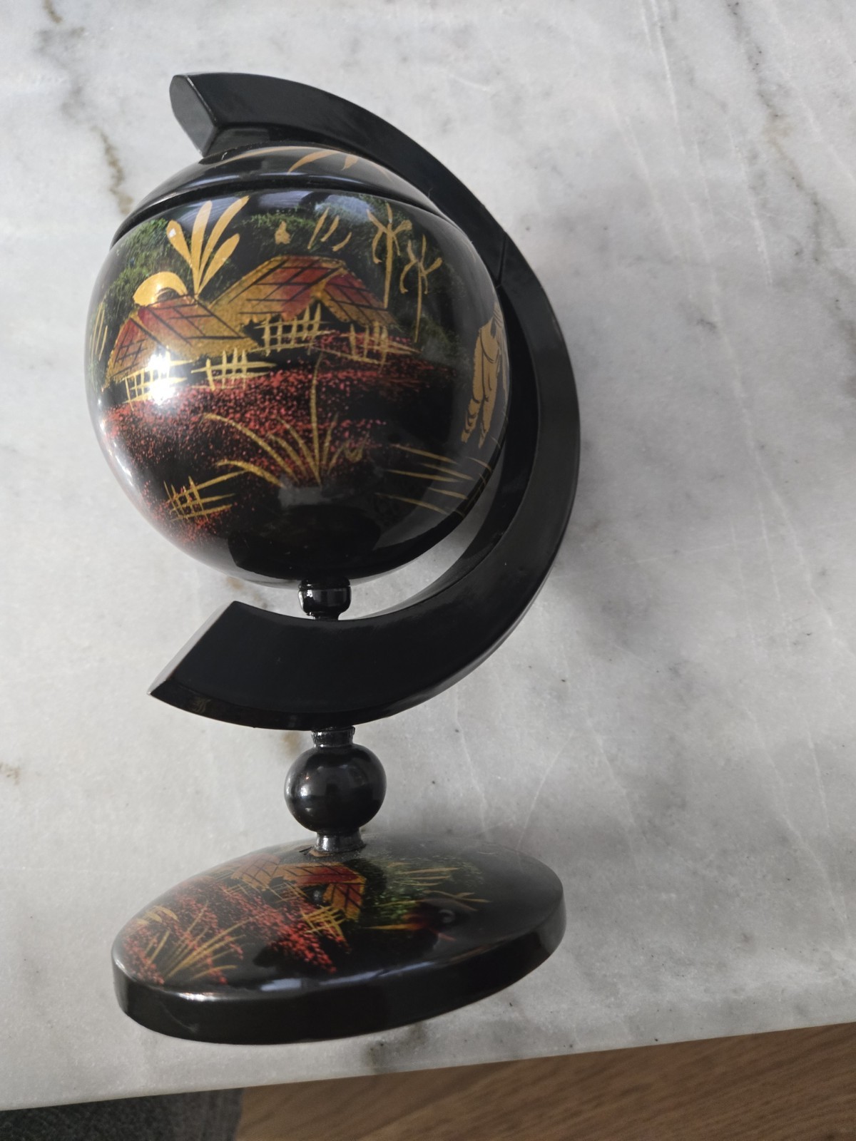 Vintage MCM Asian Floating Ashtray Black Lacquer Wooden Globe Vintage MCM Asian Floating Ashtray Black Lacquer Wooden Globe