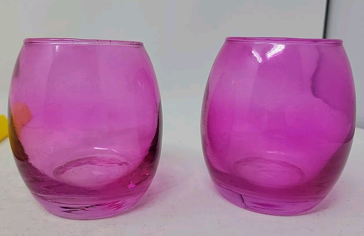 Vintage Pair 2 Hot Pink Ombré Art Glass Votive Candle Holder Decor 3.2" RARE 