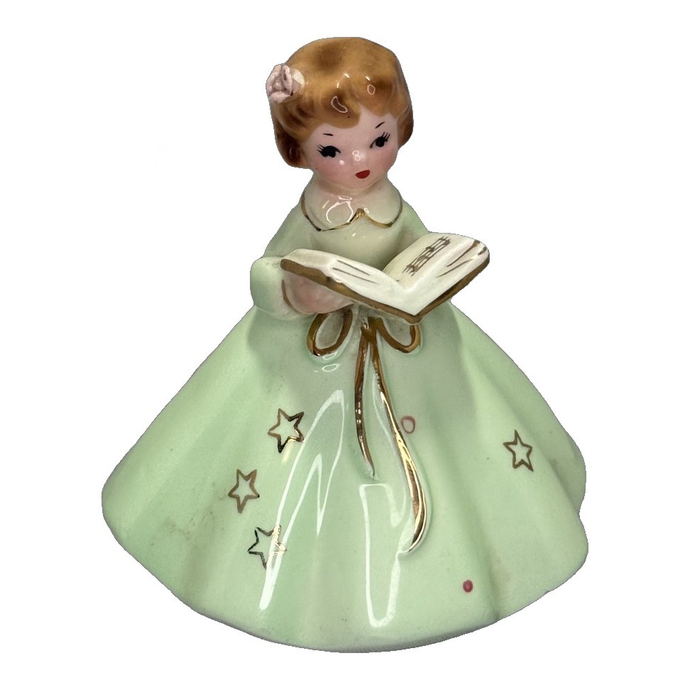 Vintage Ceramic Girl Figurine Green Dress Songbook Gold Stars Pink Rose Hair Vintage Ceramic Girl Figurine Green Dress Songbook Gold Stars Pink Rose Hair