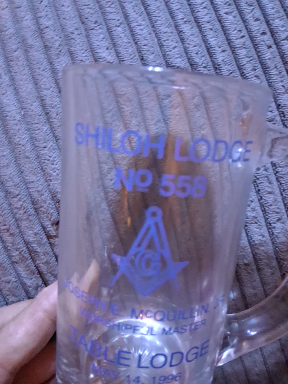 VTG Freemason Mason Masonic Shiloh Lodge 558 Drink GLASS MUG PA Pennsylvania HTF