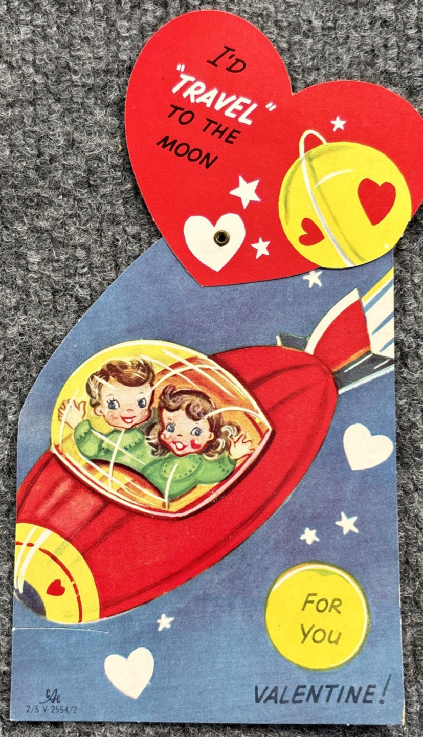 Vintage Valentine Card Astronaut Rocket Mechanical Id Travel To The Moon 7.5" Vintage Valentine Card Astronaut Rocket Mechanical Id Travel To The Moon 7.5"