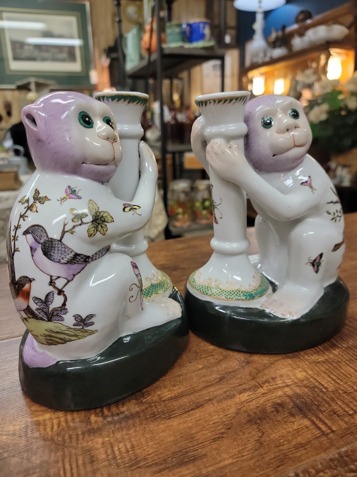 Wong Lee 1896 Vintage Chinese Monkey Candle Holders Birds and Butterfly Pair Wong Lee 1896 Vintage Chinese Monkey Candle Holders Birds and Butterfly Pair