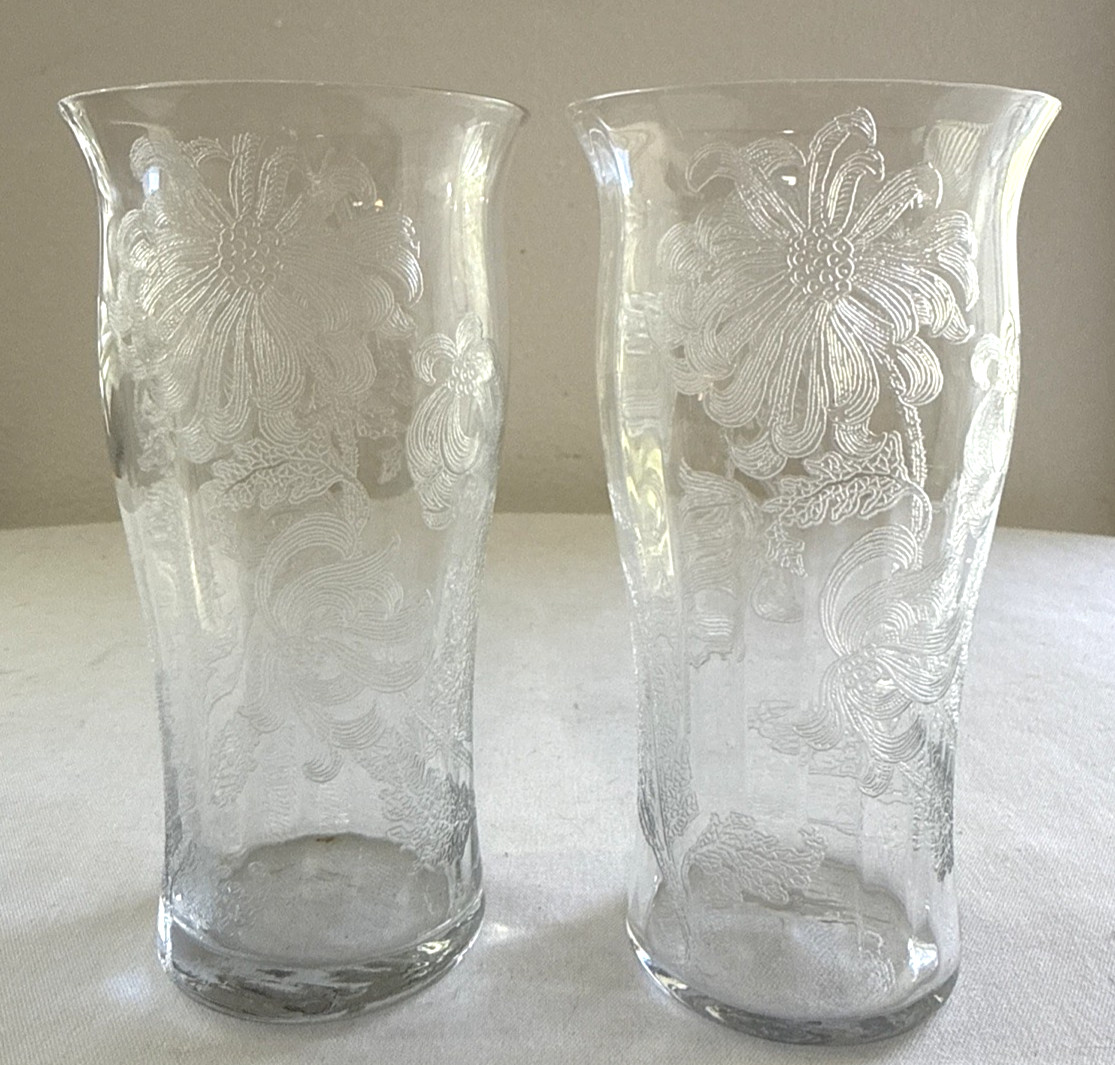 Vintage Pair of Etched Glass Floral Vases - 5.75" Elegant Mid-Century Hourglass 