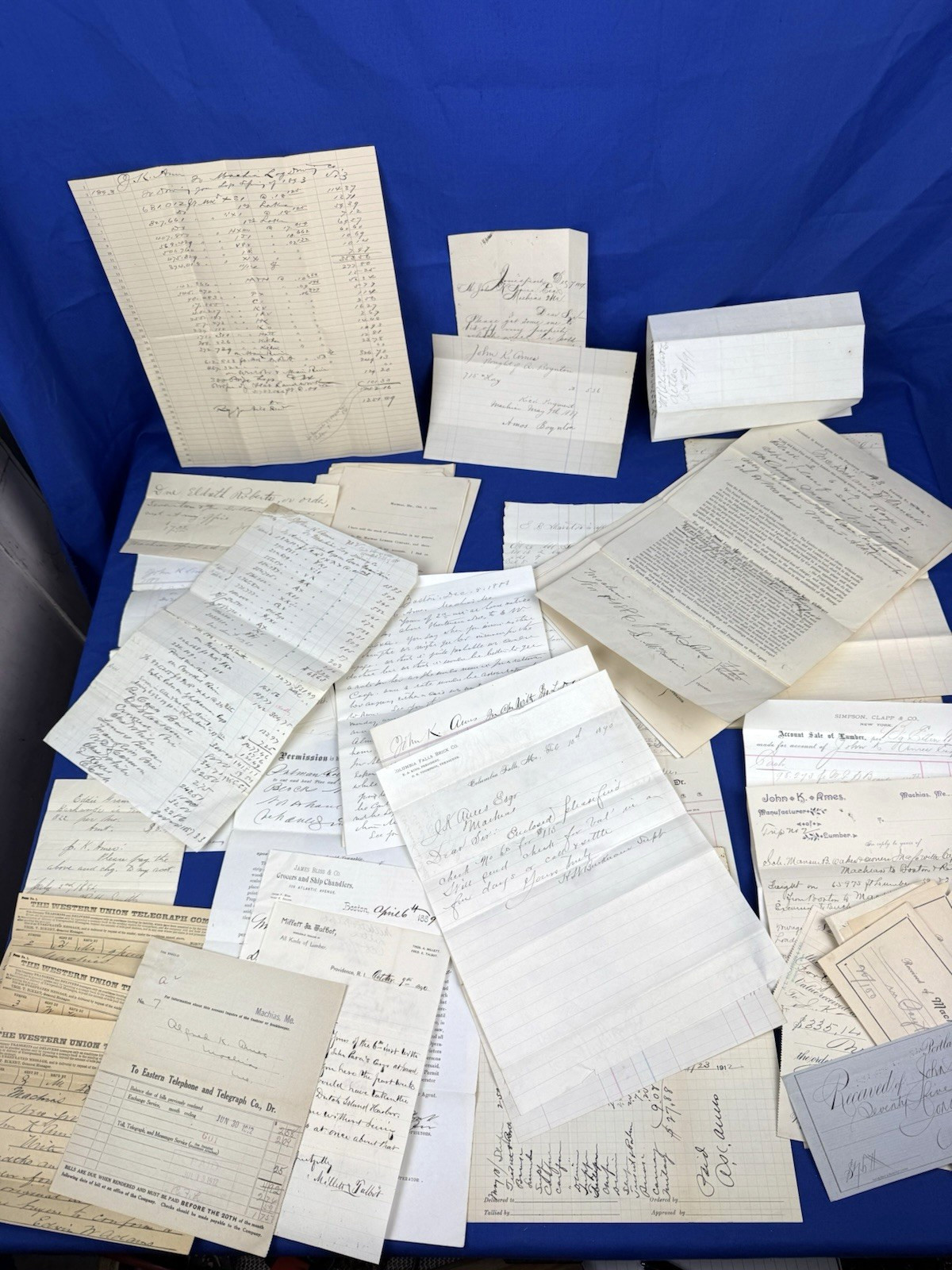 1885-1912 ARCHIVE John K. Ames MACHIAS LUMBER Co. Receipts, Letters, Telegrams 1885-1912 ARCHIVE John K. Ames MACHIAS LUMBER Co. Receipts, Letters, Telegrams
