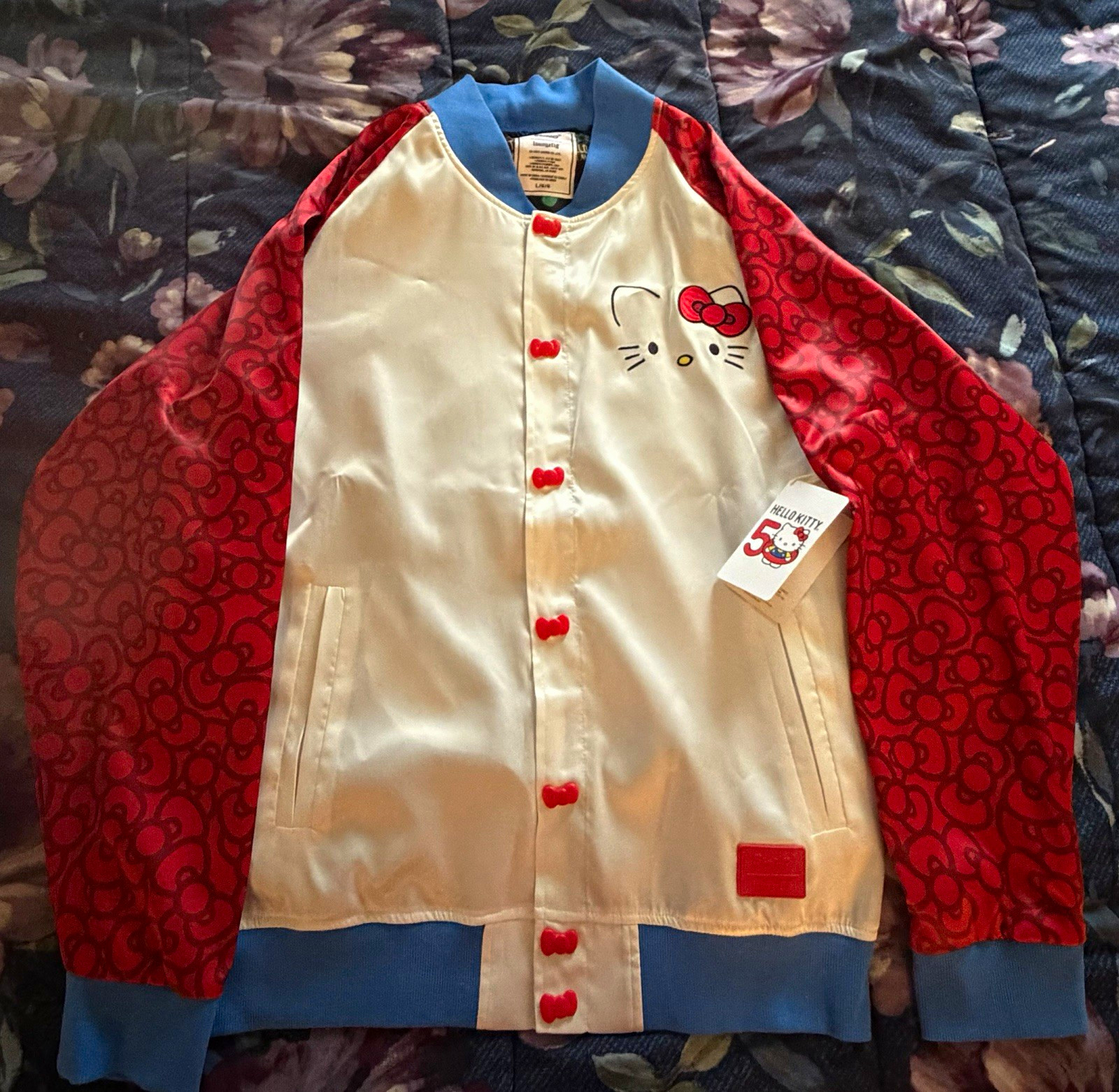 Loungefly Sanrio Hello Kitty 50th Anniversary Bomber Jacket Size L Multicolor Loungefly Sanrio Hello Kitty 50th Anniversary Bomber Jacket Size L Multicolor