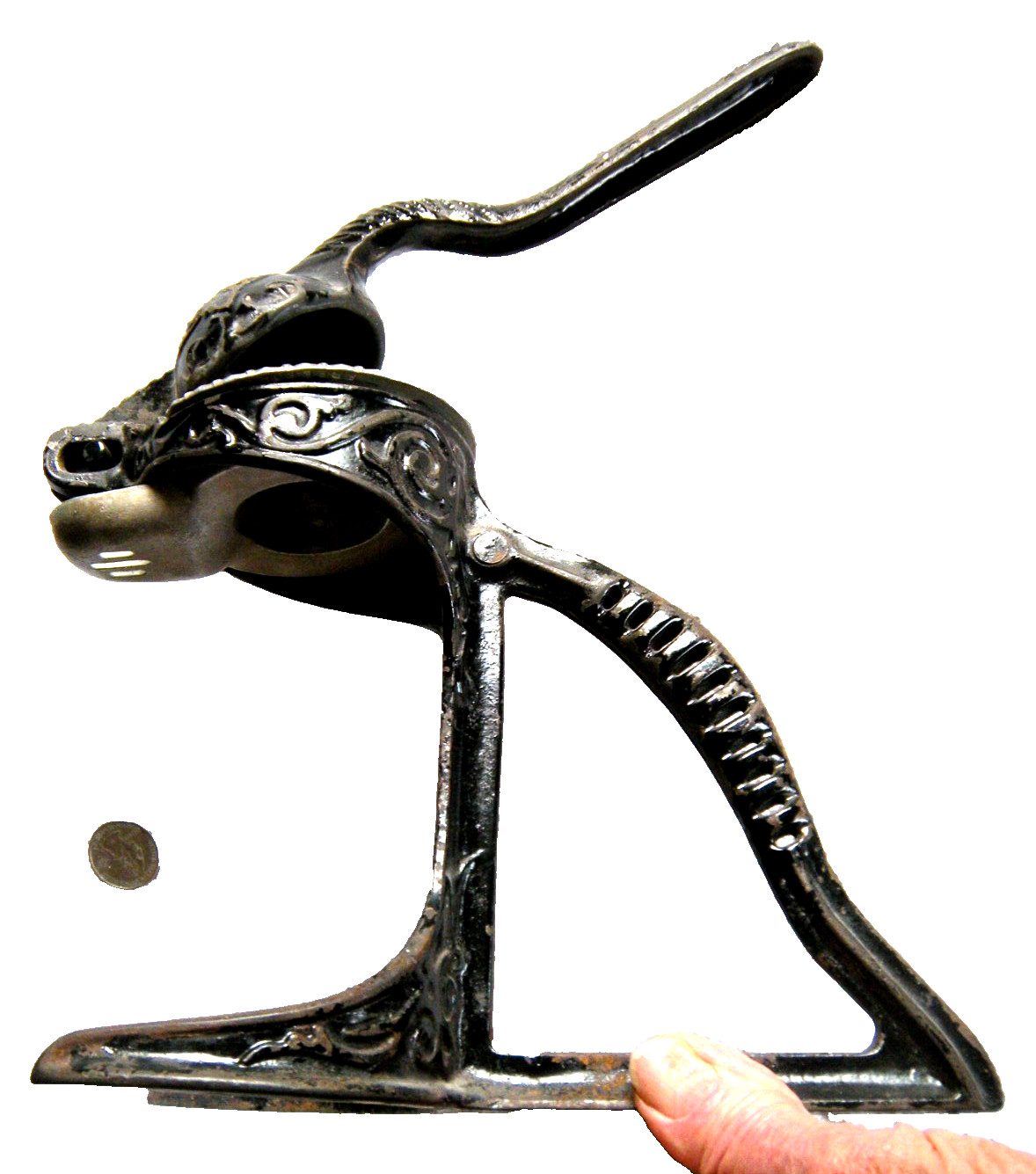 1890's cast iron standup lemon squeezer "X-RAY" Freeport, ILL. w/ornate design 1890's cast iron standup lemon squeezer "X-RAY" Freeport, ILL. w/ornate design