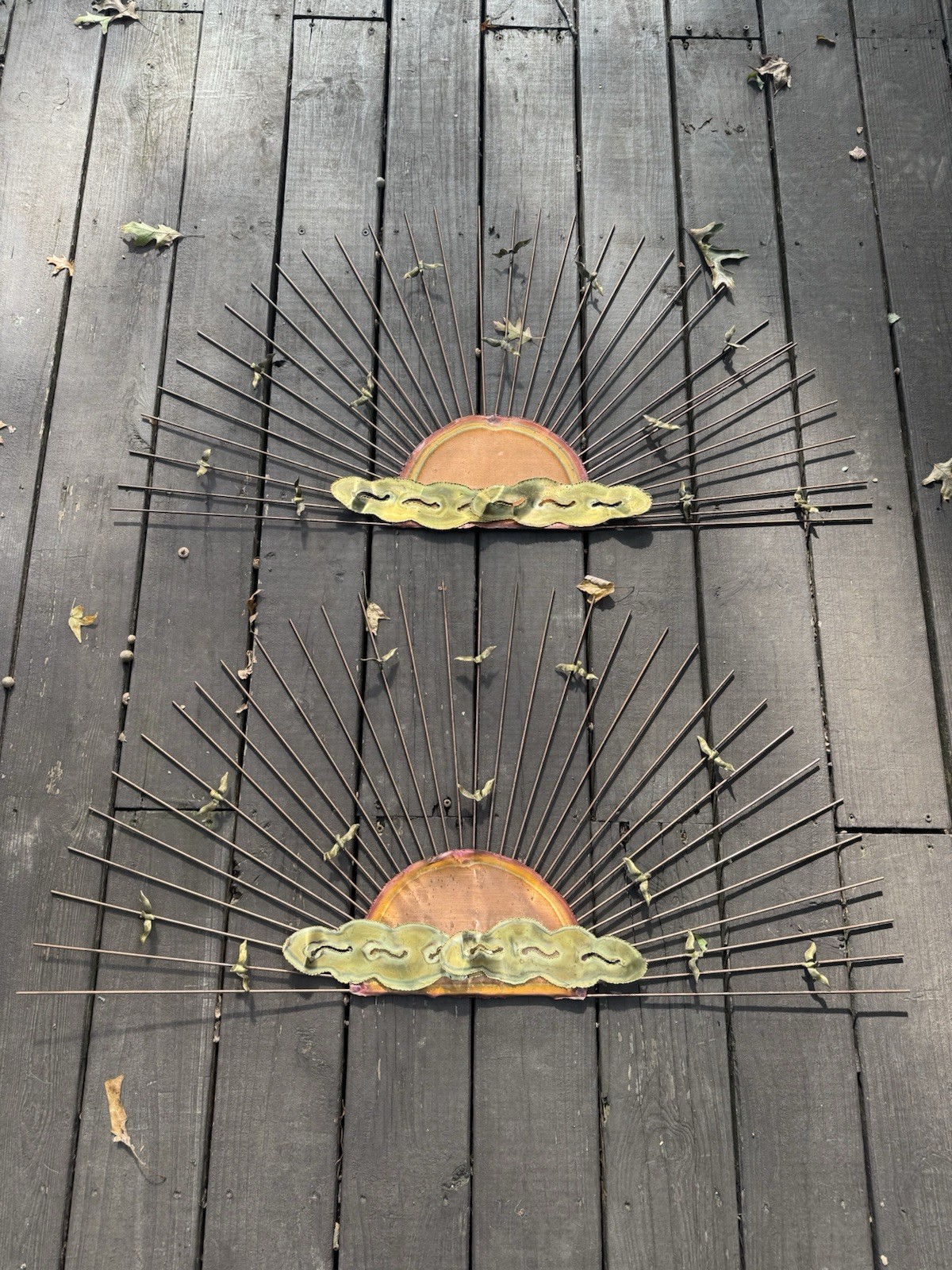 Pair VTG Large Metal Wall Art Sunburst Sun Seagulls Birds Brass Copper 39.5"x20" Pair VTG Large Metal Wall Art Sunburst Sun Seagulls Birds Brass Copper 39.5"x20"