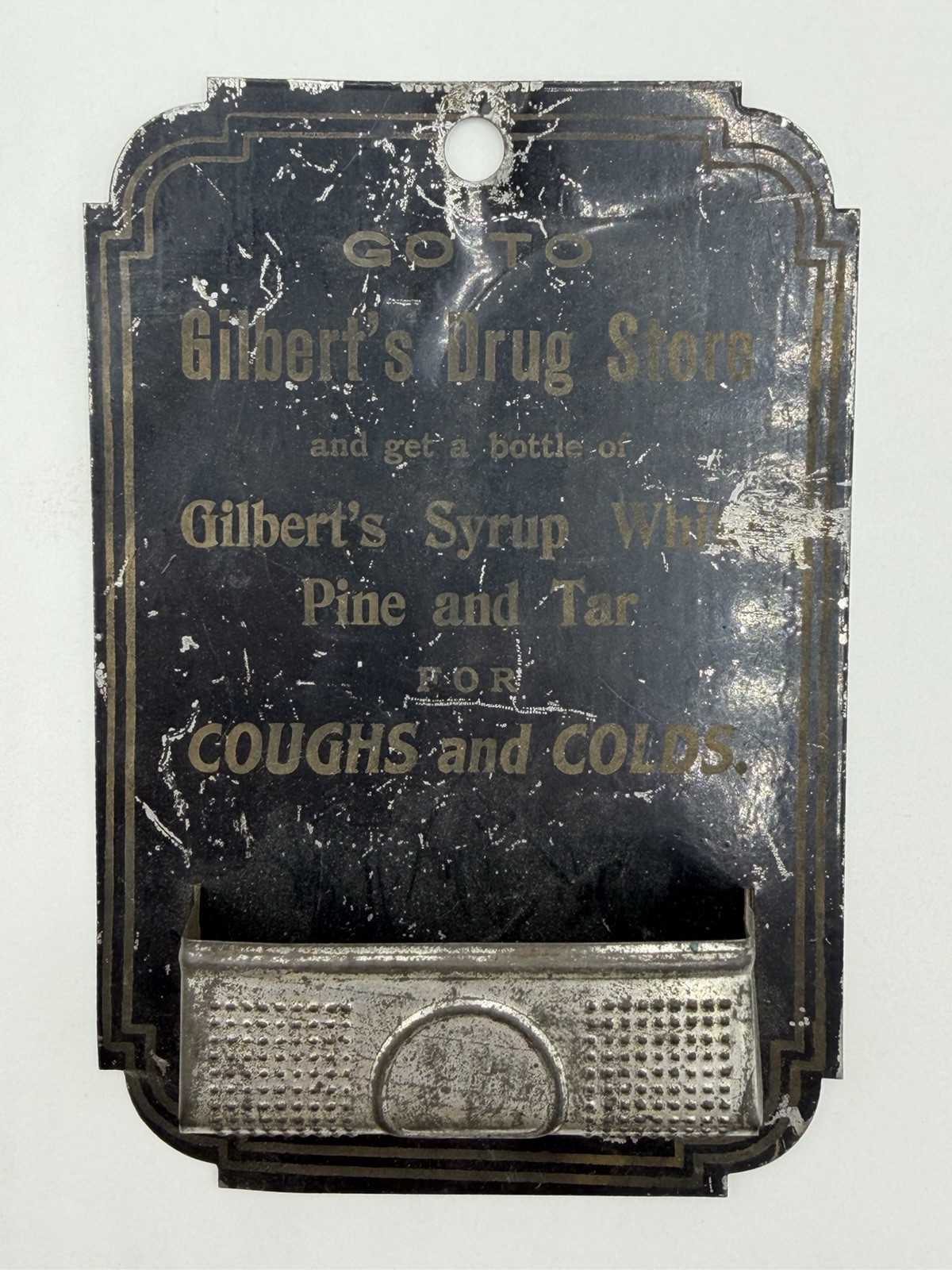 Antique Gilbert’s Drug Store Pine & Tar Cough Syrup Display Sign Tin Litho Antique Gilbert’s Drug Store Pine & Tar Cough Syrup Display Sign Tin Litho
