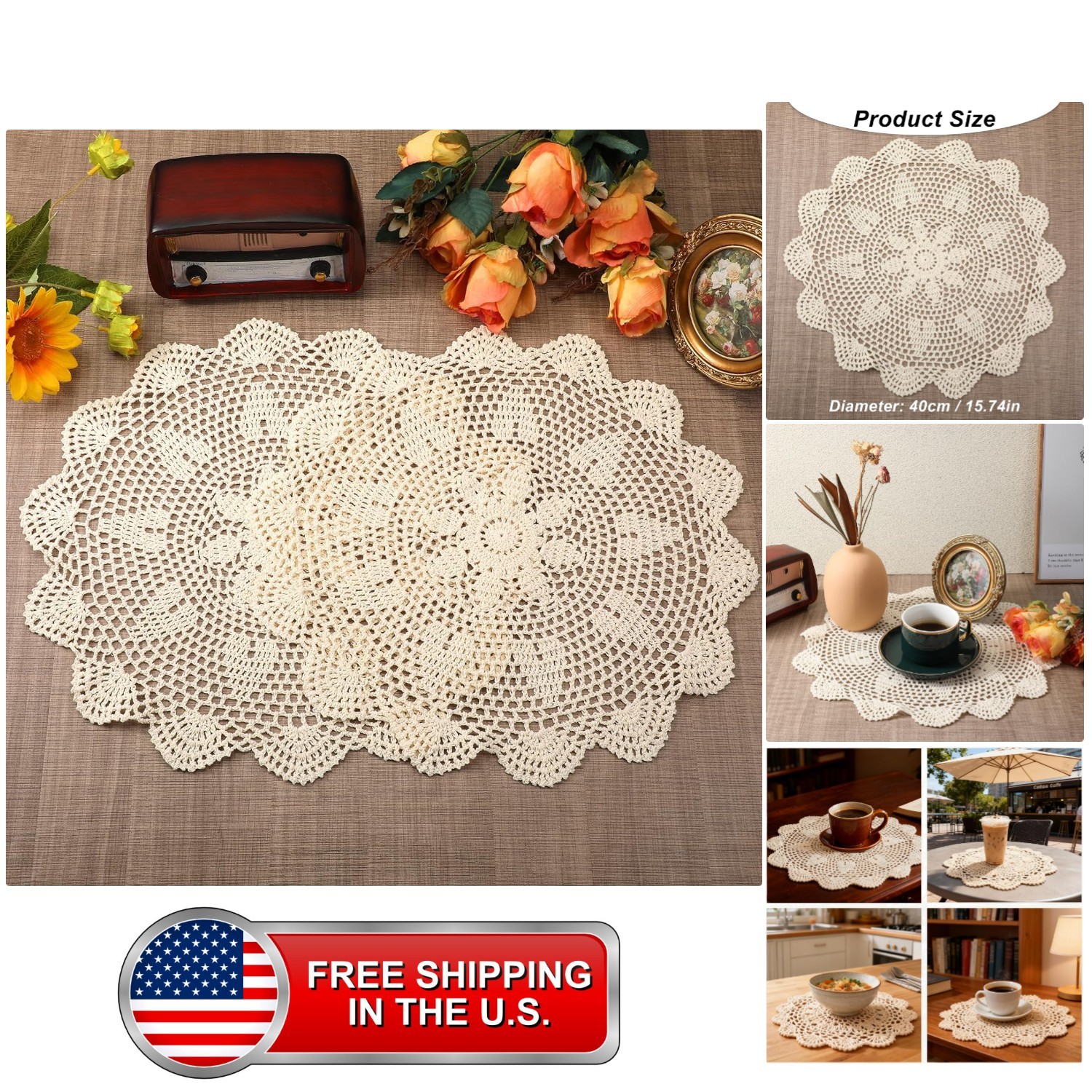 Beige Crochet Dollies for Tables 2 Pcs 15.7 Inch Round Large Table Doilies Vi... Beige Crochet Dollies for Tables 2 Pcs 15.7 Inch Round Large Table Doilies Vi...