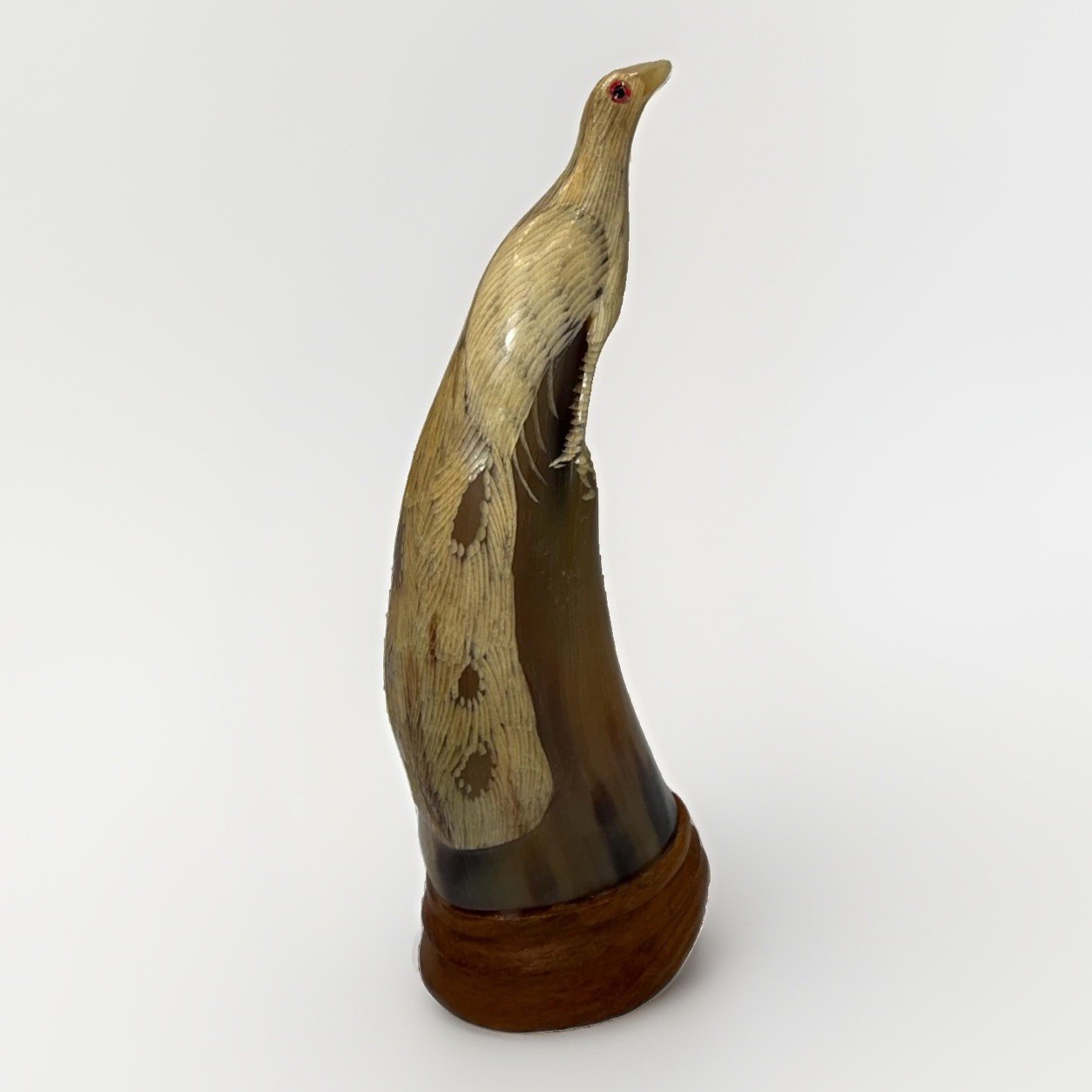 Vintage Hand Carved Horn Peacock Bird Sculpture on Wood Base 10 inch Red Eyes Vintage Hand Carved Horn Peacock Bird Sculpture on Wood Base 10 inch Red Eyes