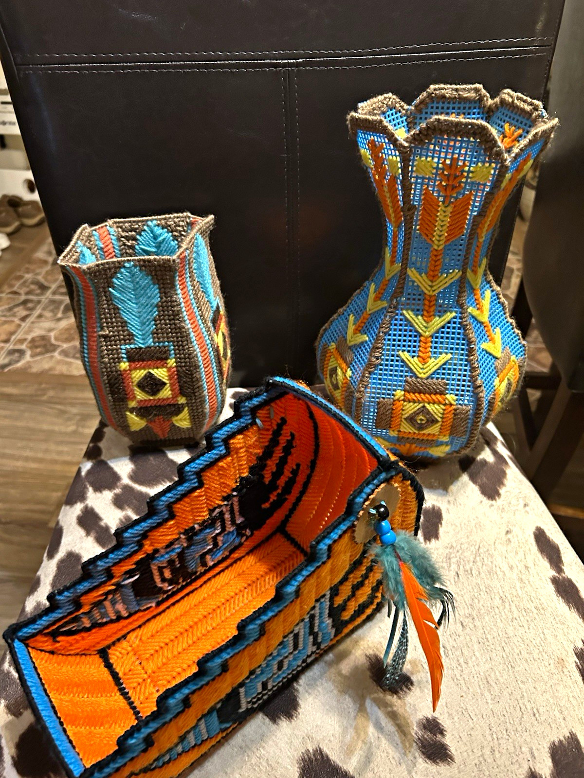 Native American US handmade beaded lot of 3: vase & basket bird figure
