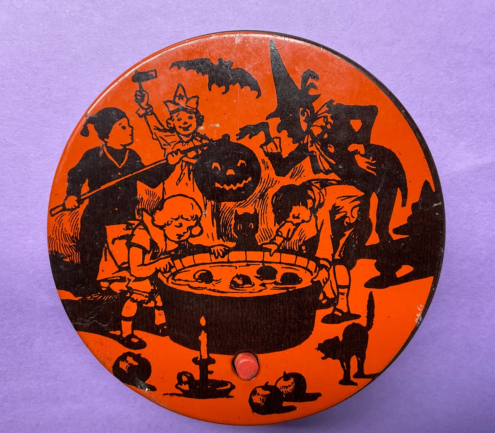 Antique Vintage J. Chein Halloween Tin Litho Witch Bat JOL Toy Noisemaker Antique Vintage J. Chein Halloween Tin Litho Witch Bat JOL Toy Noisemaker