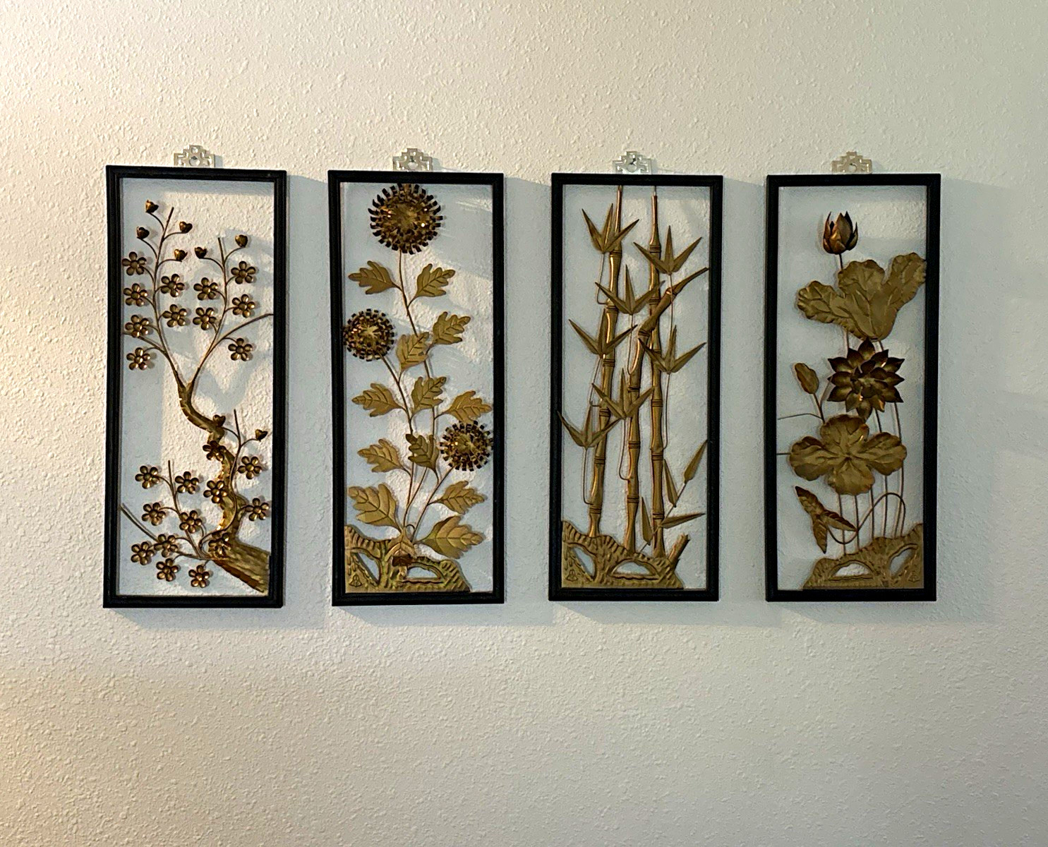 Vintage Mid Century Brass Metal Asian Wall Art Panels - 4 Seasons Set of 4 Vintage Mid Century Brass Metal Asian Wall Art Panels - 4 Seasons Set of 4
