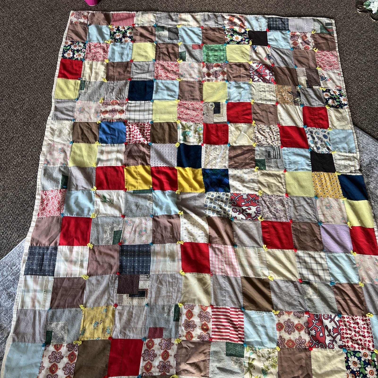 Vintage 1970s Crazy Quilt 58x75 Hand Tied Patchwork Dixie Lily Feed Sack Back Vintage 1970s Crazy Quilt 58x75 Hand Tied Patchwork Dixie Lily Feed Sack Back