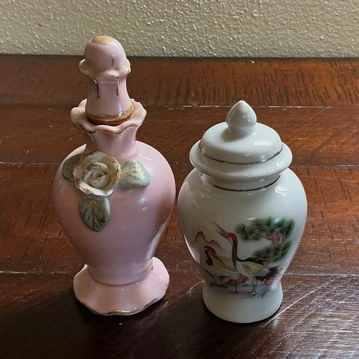 2 Miniature Porcelain Decorative Bottles w/ Stoppers, Pink White Floral Glossy