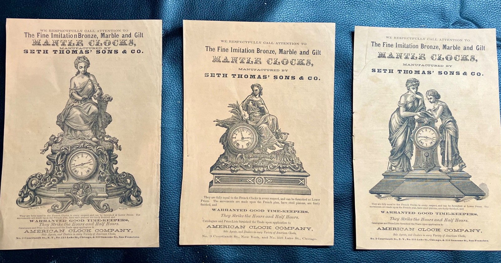 3 Antique Vintage 1867 Seth Thomas Sons Clock Company Display Advertising Pages 3 Antique Vintage 1867 Seth Thomas Sons Clock Company Display Advertising Pages