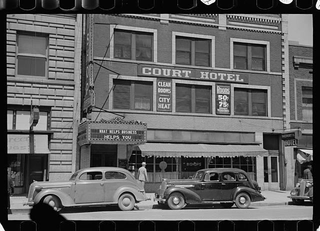 Photo:Court Hotel city street 1935-1942 vintage cars storefront Photo:Court Hotel city street 1935-1942 vintage cars storefront