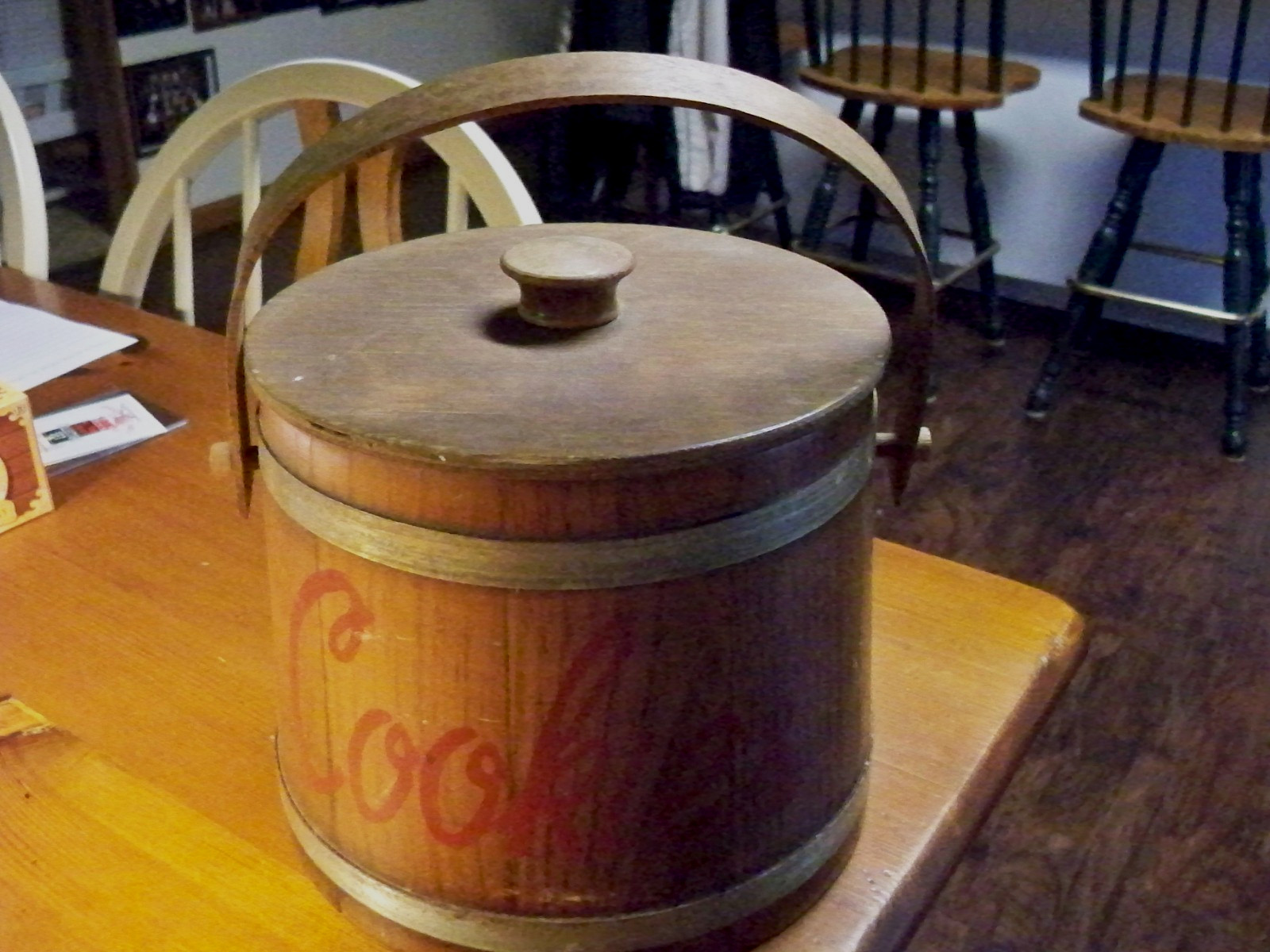 Vintage Wooden Ice Barrel Or Cookie Bin with Lid and Handle Great Condition