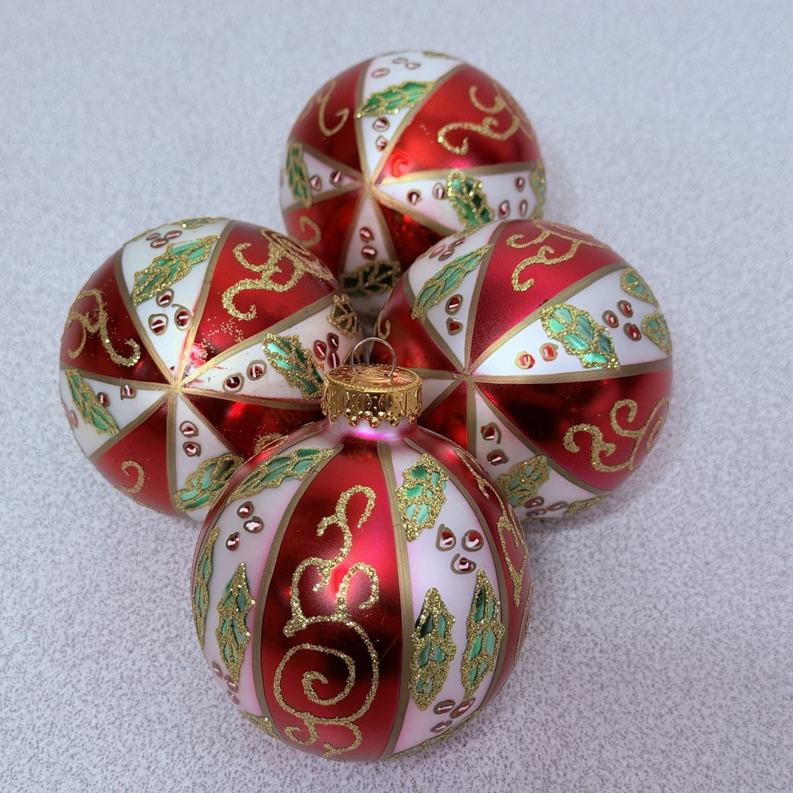 VTG G&D Glass Christmas Ornaments SET Of 4 Red White Green Gold Holly Berry 2.5” VTG G&D Glass Christmas Ornaments SET Of 4 Red White Green Gold Holly Berry 2.5”