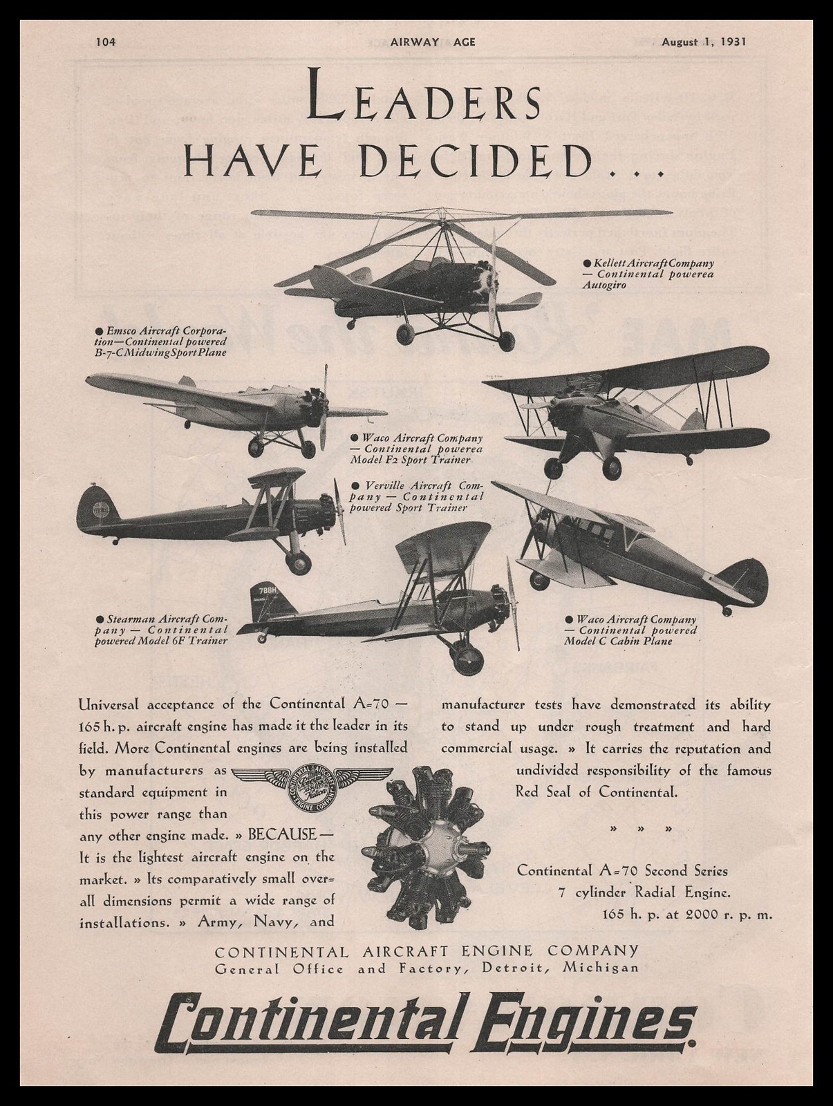 1931 Continental Airlines A70 7 Cylinder Radial Aircraft Engine Vintage Print Ad
