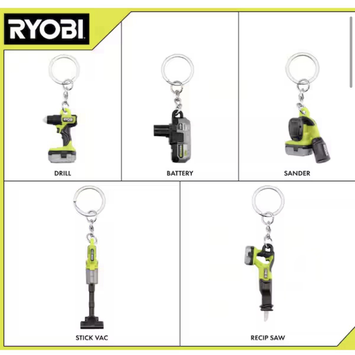 Ryobi Mini's 5 Piece Keychain Set Recip Saw Stick Vac Drill Battery Sander NIB Ryobi Mini's 5 Piece Keychain Set Recip Saw Stick Vac Drill Battery Sander NIB