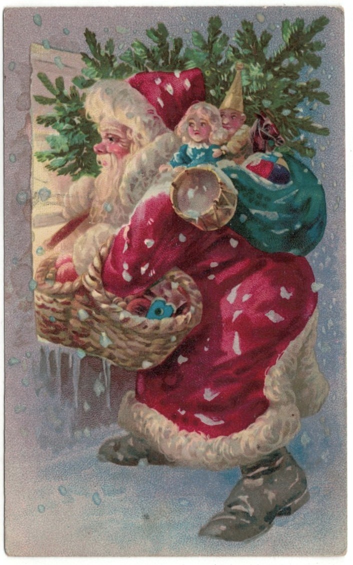C 1907 RED ROBED SANTA W/ CHRISTMAS TREE & SACK OF TOYS ANTIQUE RARE POSTCARD