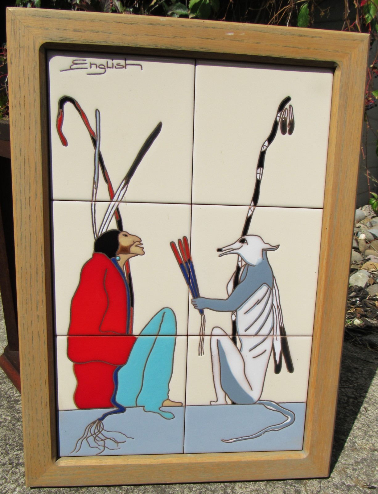 OUTSTANDING VINTAGE 1989 SAM ENGLISH NATIVE AMERICAN INDIAN WALL TILES PAINTING