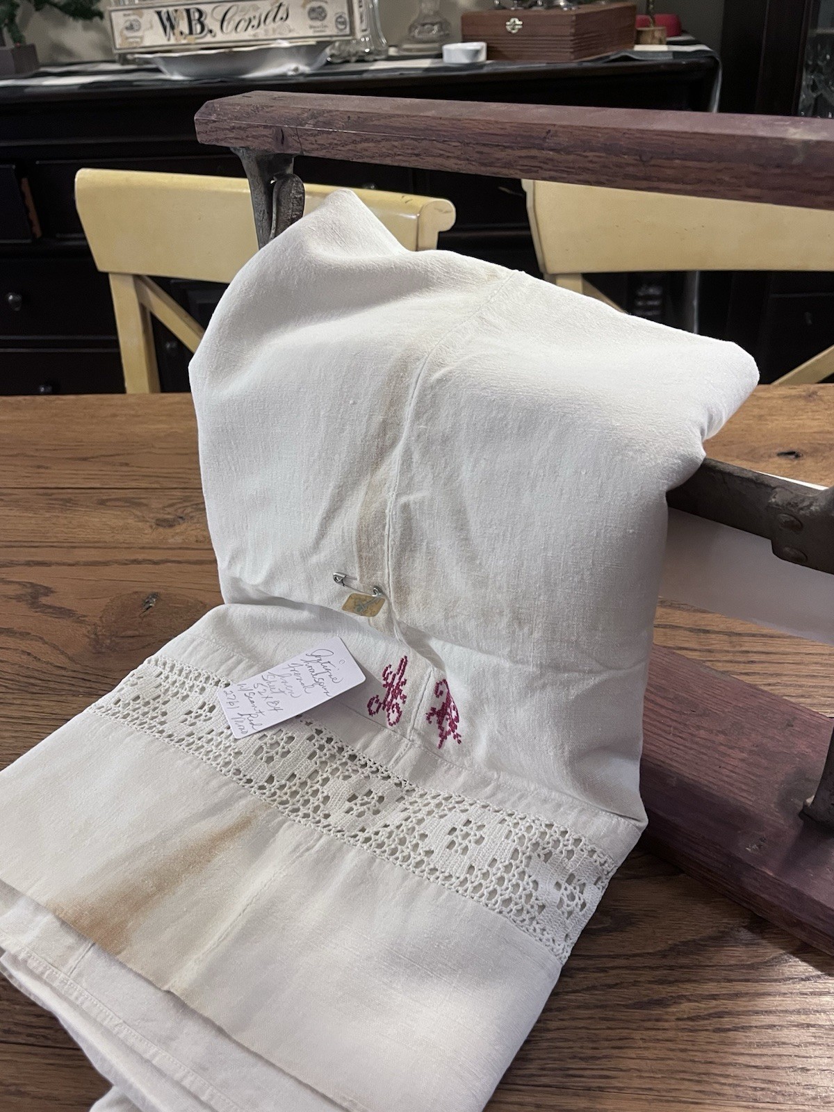 2761🌟Antique French Homespun Linen Sheet With Redwork AV Monogram & Center Seam 2761🌟Antique French Homespun Linen Sheet With Redwork AV Monogram & Center Seam