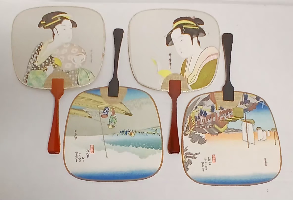 Vintage Japanese Uchiwa Hand Fans Lot Set of 4 Geisha Ukiyo-e Bijinga Art Decor Vintage Japanese Uchiwa Hand Fans Lot Set of 4 Geisha Ukiyo-e Bijinga Art Decor