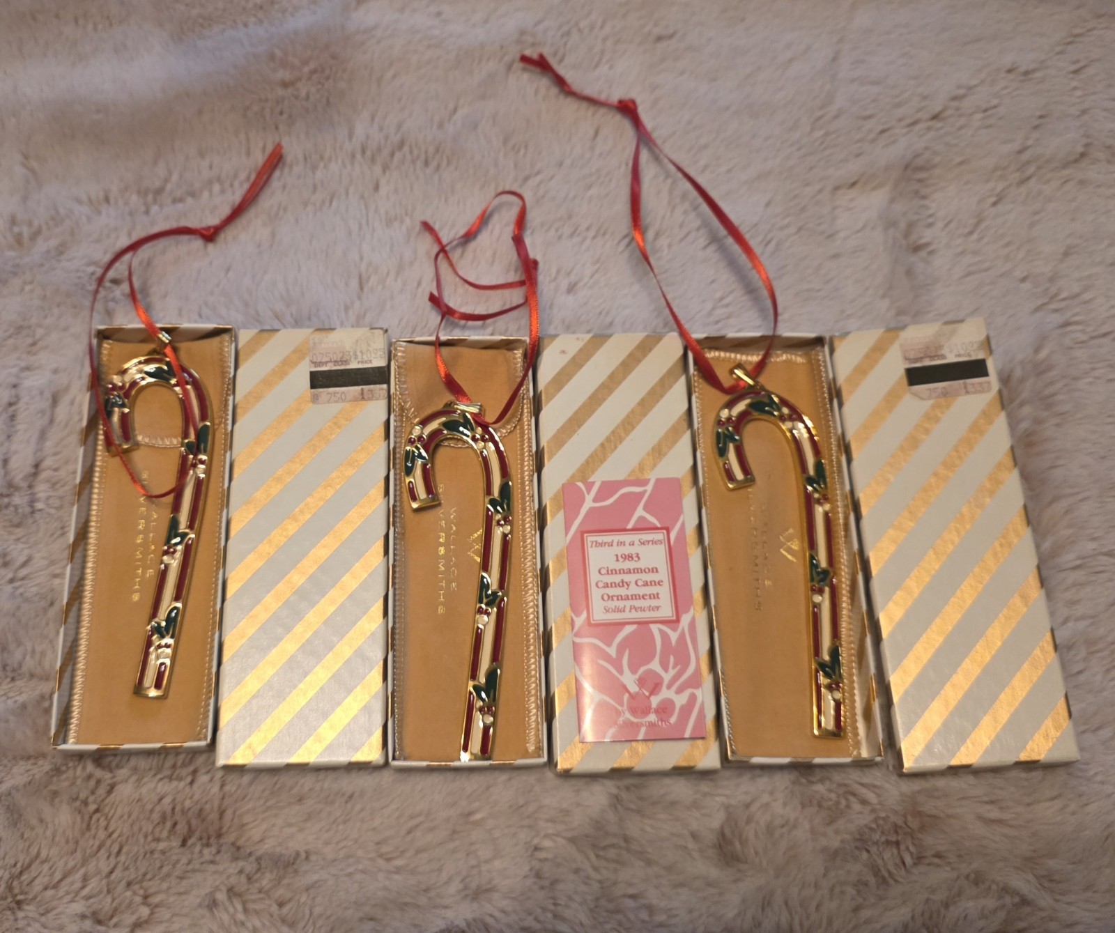 1983 Wallace Pewter Cinnamon 1983 Wallace Candy Cane Christmas ornament set of 3 1983 Wallace Pewter Cinnamon 1983 Wallace Candy Cane Christmas ornament set of 3