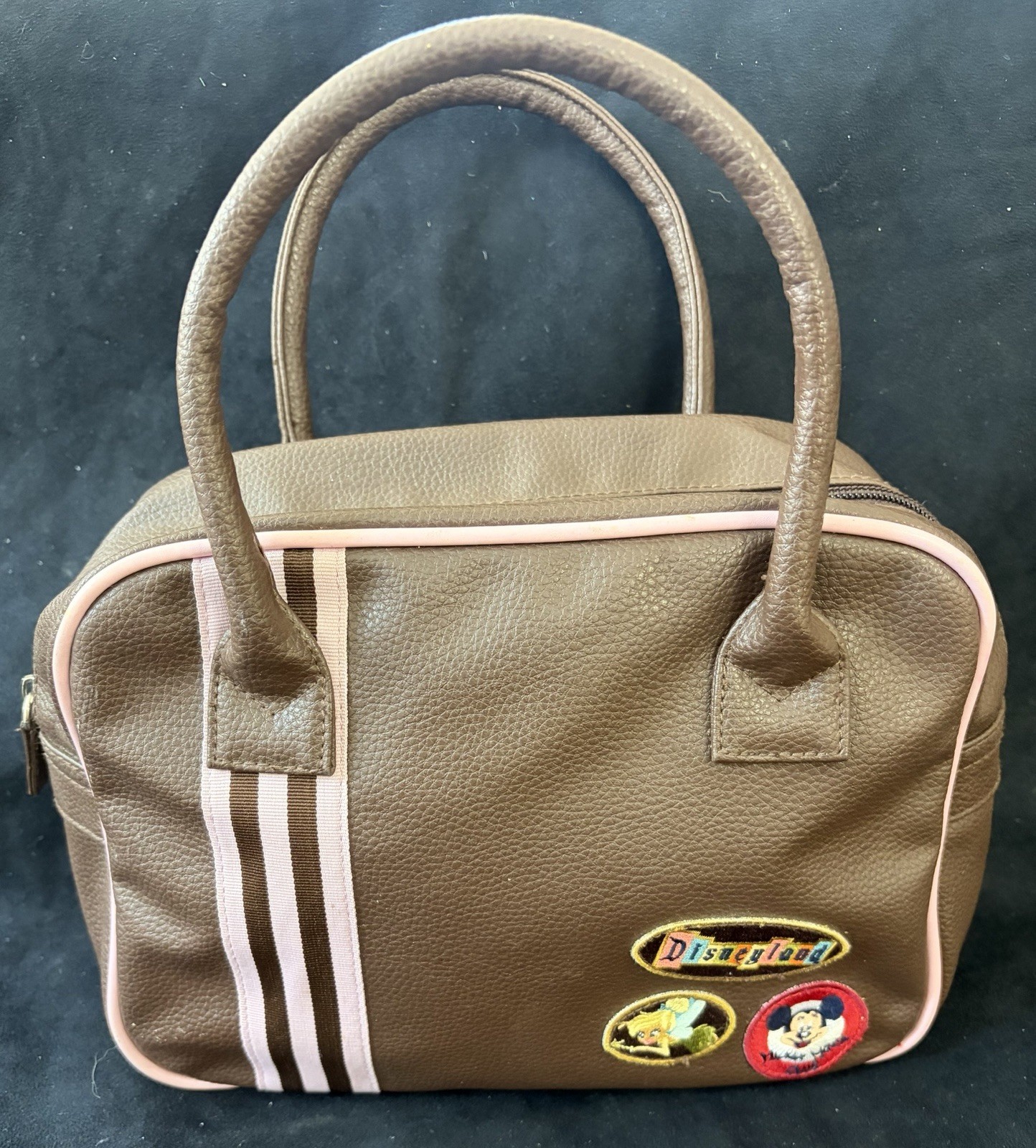 Disneyland Resort 50th Anniversary Brown Handbag Pink Stripes Patches Retro Y2K Disneyland Resort 50th Anniversary Brown Handbag Pink Stripes Patches Retro Y2K