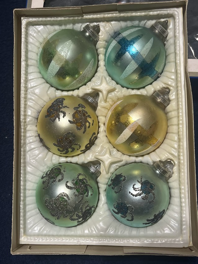 Vintage Glass Christmas Ornaments Box of 6, MID CENTURY MODERN Glitter Germany