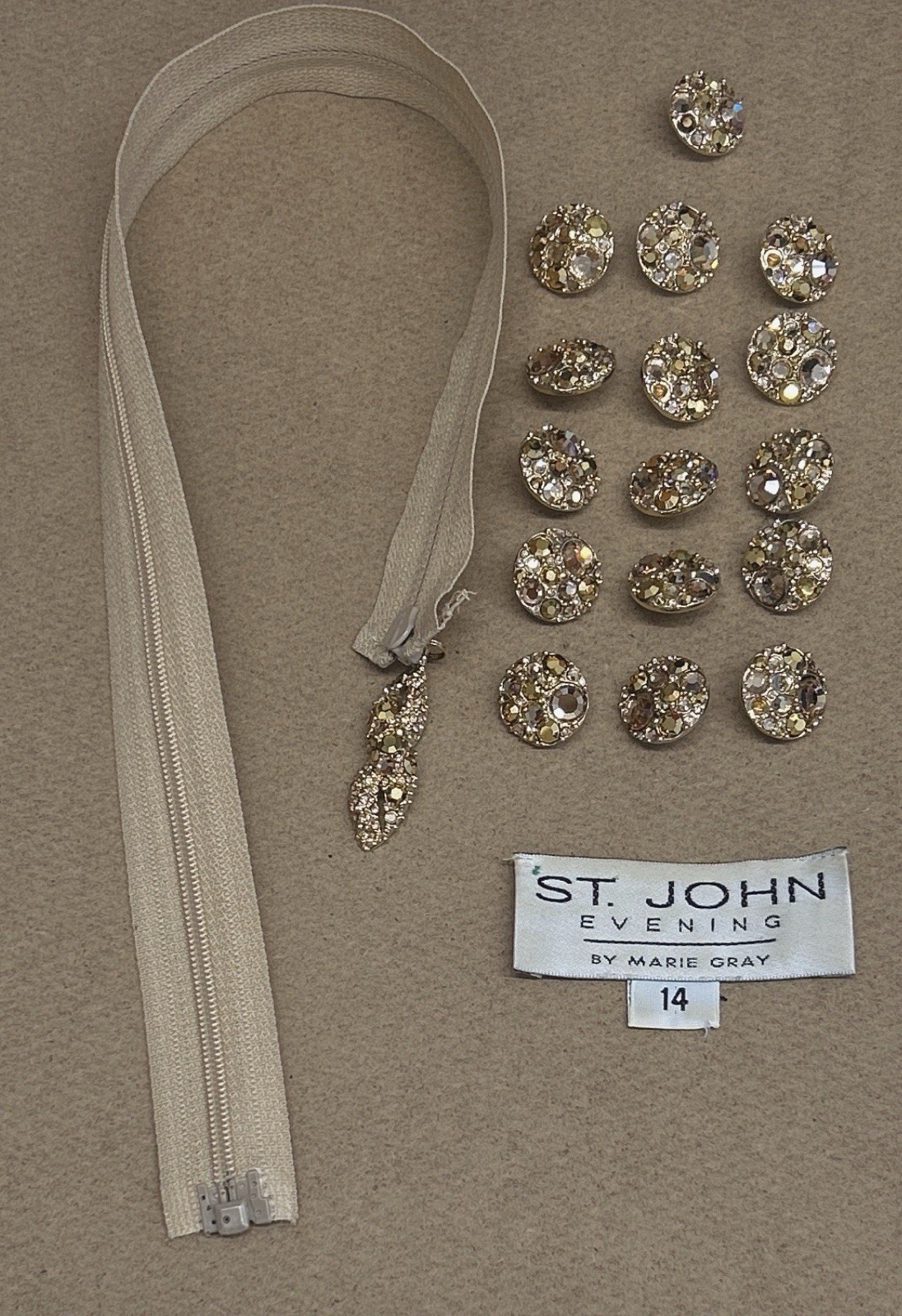 St John Evening Set Gold Crystal Rhinestone Zipper Tag Round Buttons 18PCs Lot