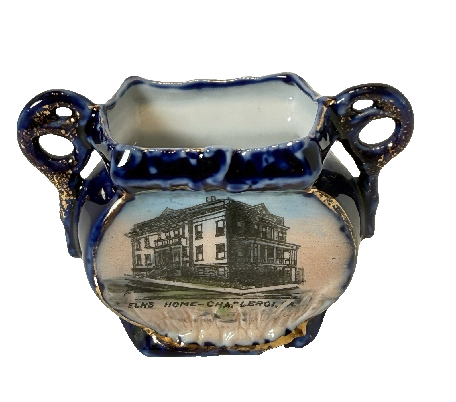 CHARLEROI Pennsylvania PA Antique ELKS HOME Souvenir COBALT CHINA TRINKET