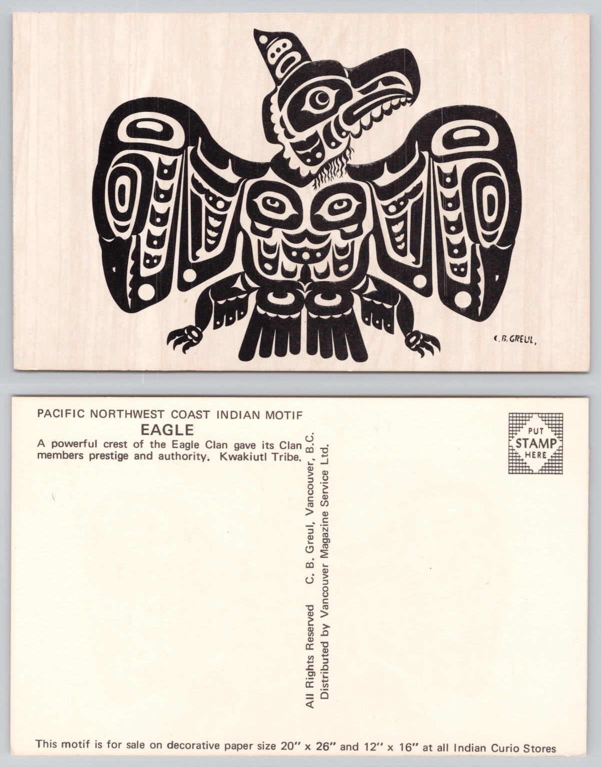 Vintage Pacific Northwest Coast Kwakiutl Eagle Motif Postcard C.B. Greul