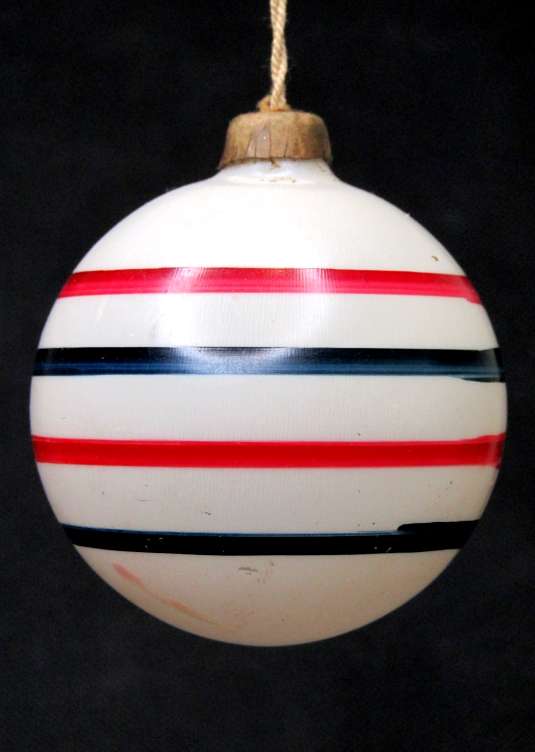 VTG WWII Unsilvered Glass Paper Cap Striped BALL Christmas Ornament Corning Mark VTG WWII Unsilvered Glass Paper Cap Striped BALL Christmas Ornament Corning Mark