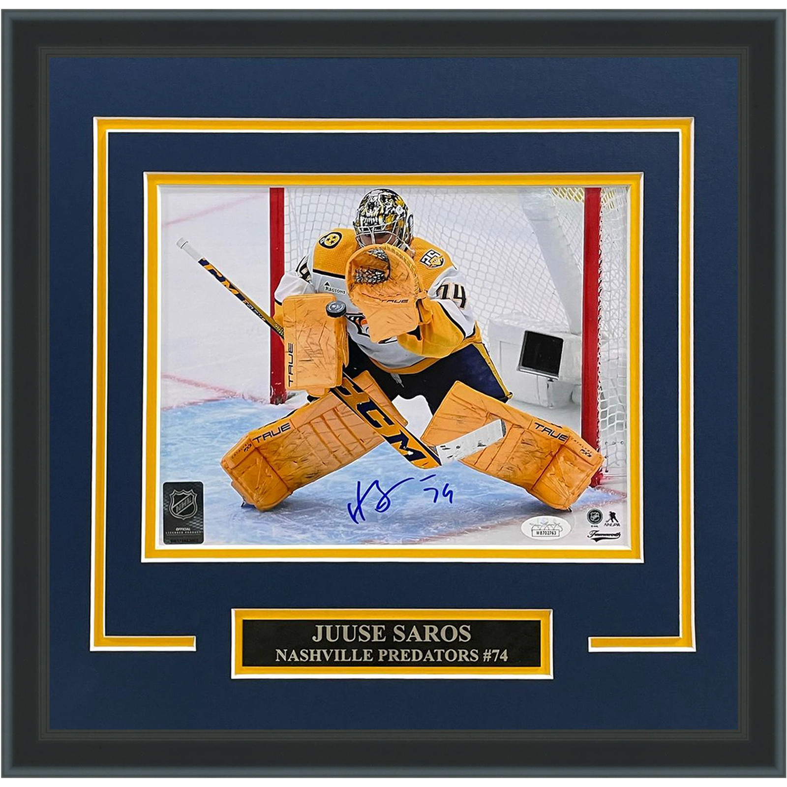 Juuse Saros Autographed Nashville Predators (Horiz Glove Save) Deluxe Framed 8x1 Juuse Saros Autographed Nashville Predators (Horiz Glove Save) Deluxe Framed 8x1