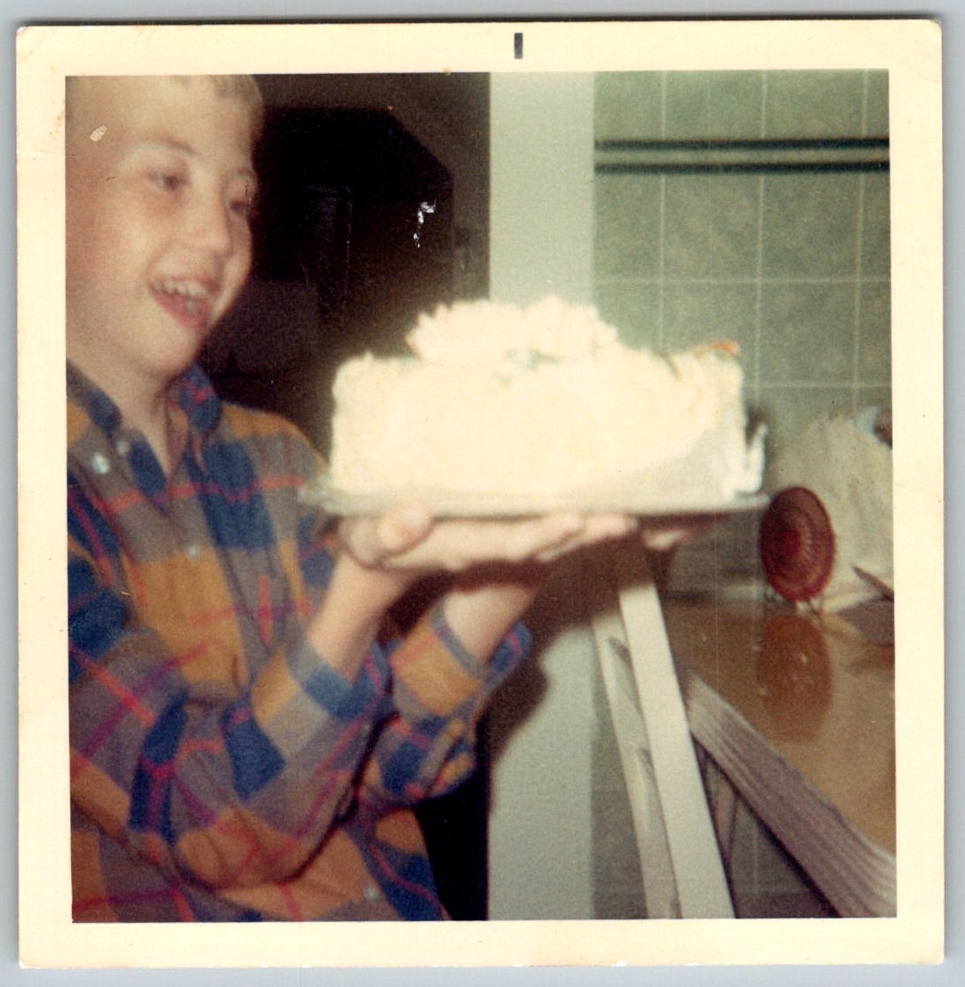 Vtg Color Snapshot Smiling Boy In Plaid Shirt Holding Large Birthday Cake 1960s