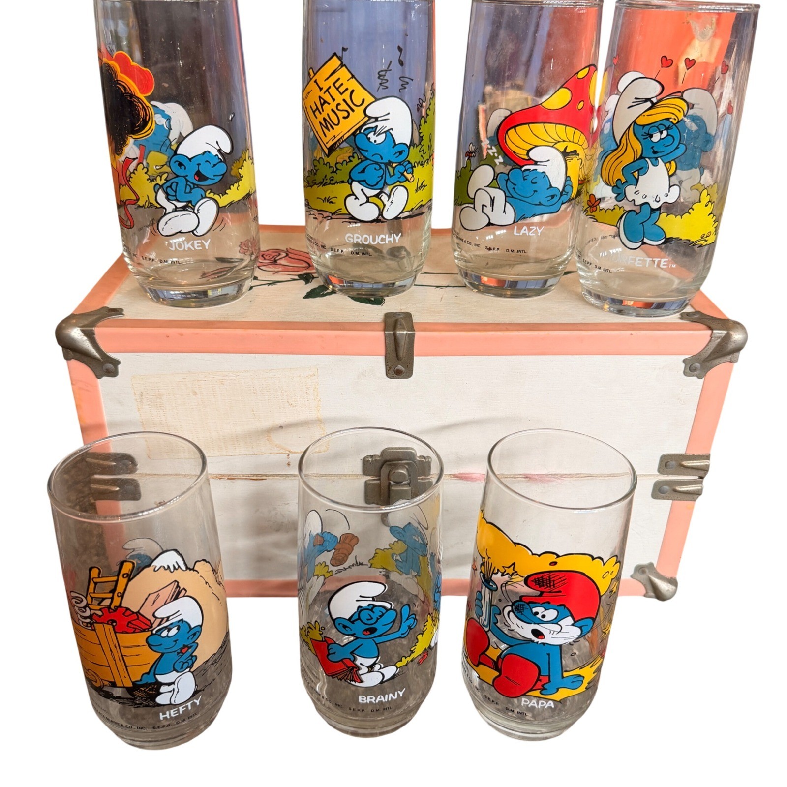 Vintage 1982 Smurfs Collector Glasses Set of 7 Wallace Berrie Papa Smurfette Vintage 1982 Smurfs Collector Glasses Set of 7 Wallace Berrie Papa Smurfette
