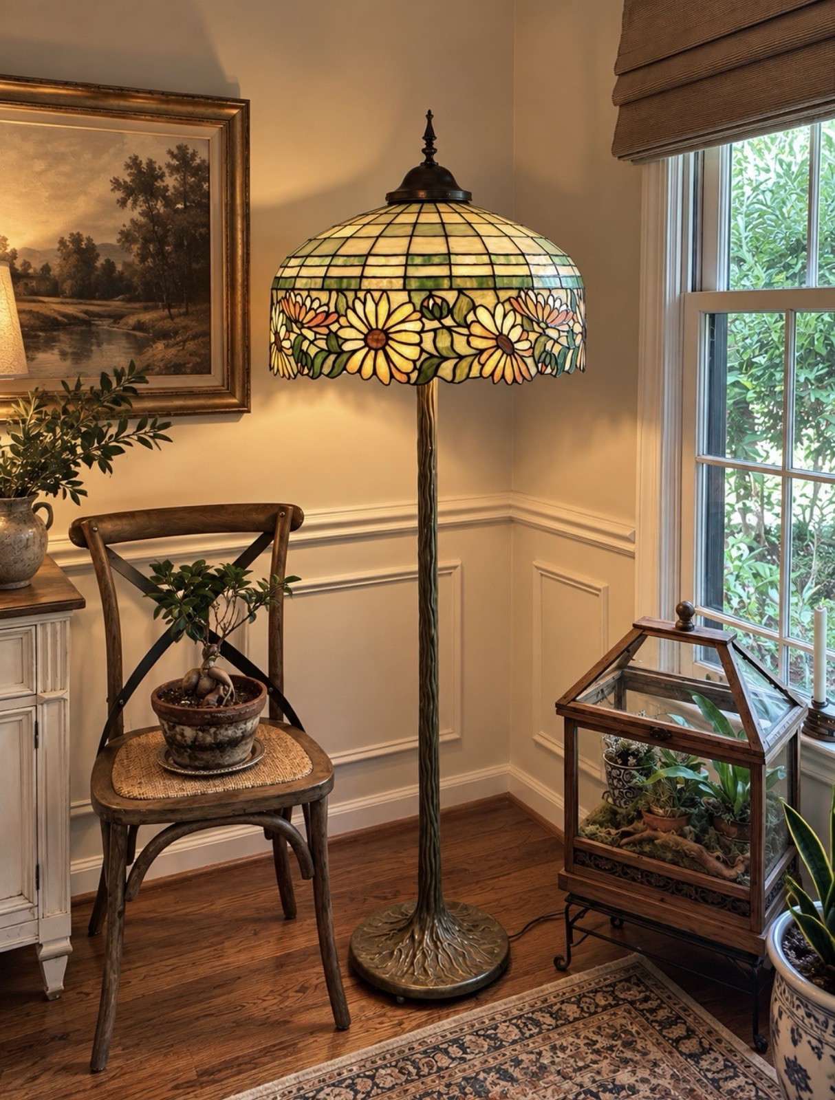 Vintage Dale Tiffany Stained-Glass Floral Floor Lamp – Monumental 24” Shade Vintage Dale Tiffany Stained-Glass Floral Floor Lamp – Monumental 24” Shade