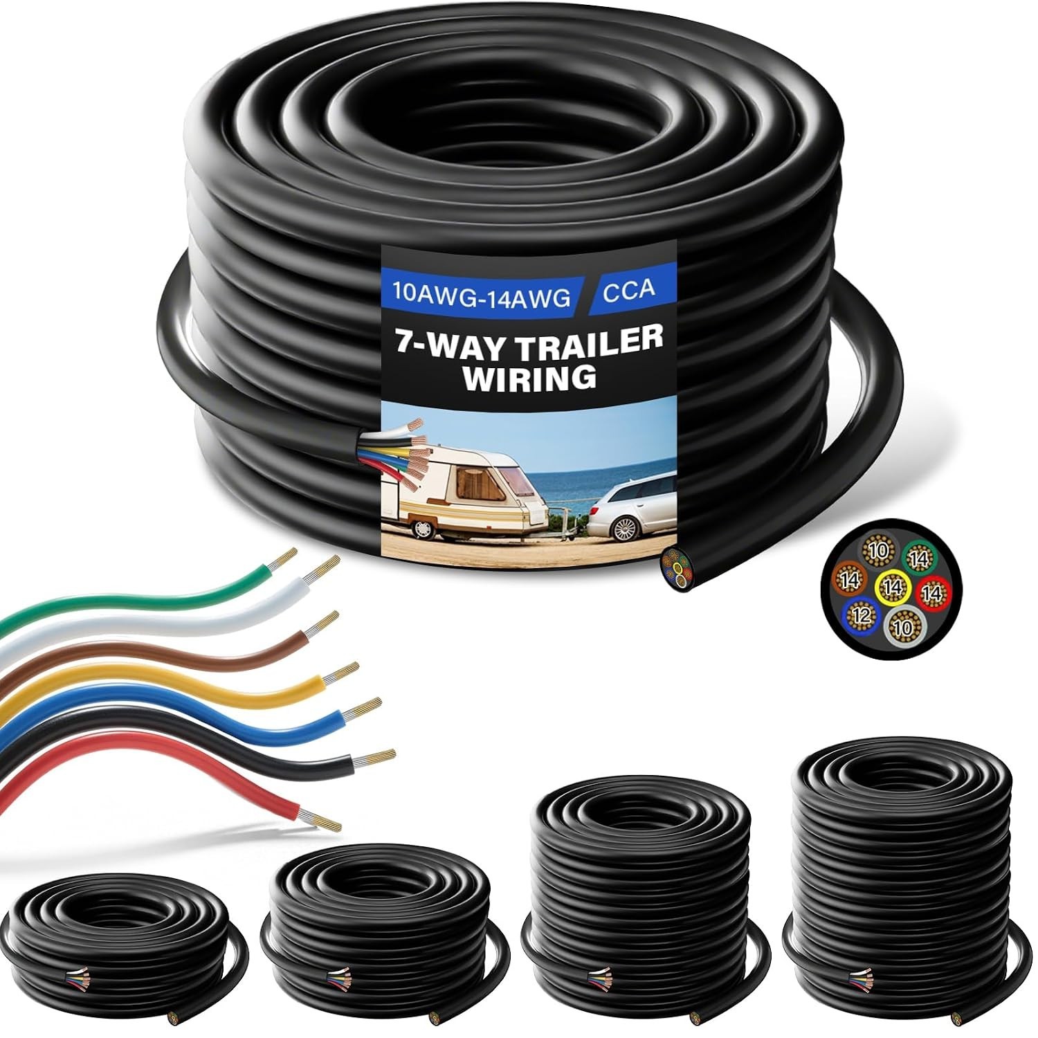 50 FT 10-14 AWG 7 Way Trailer Wiring Harness CCA 7 Wire Trailer Cable 50 FT 10-14 AWG 7 Way Trailer Wiring Harness CCA 7 Wire Trailer Cable